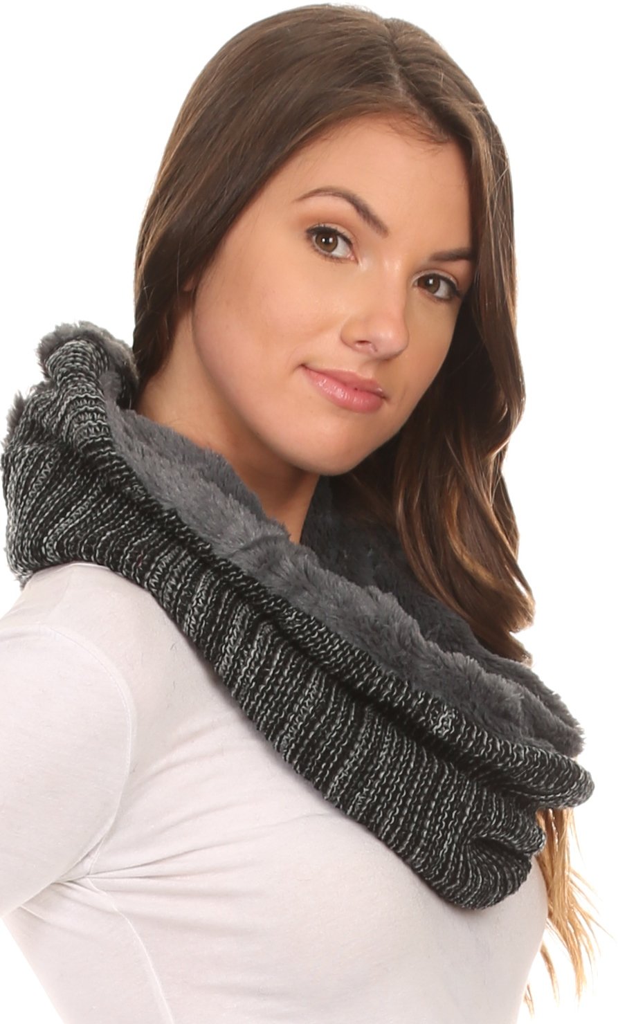 Sakkas Sele Short Two Textured Faux Fur Ribbed Knit Mixed Designed Infinity Scarf - Concordia Style Boutique