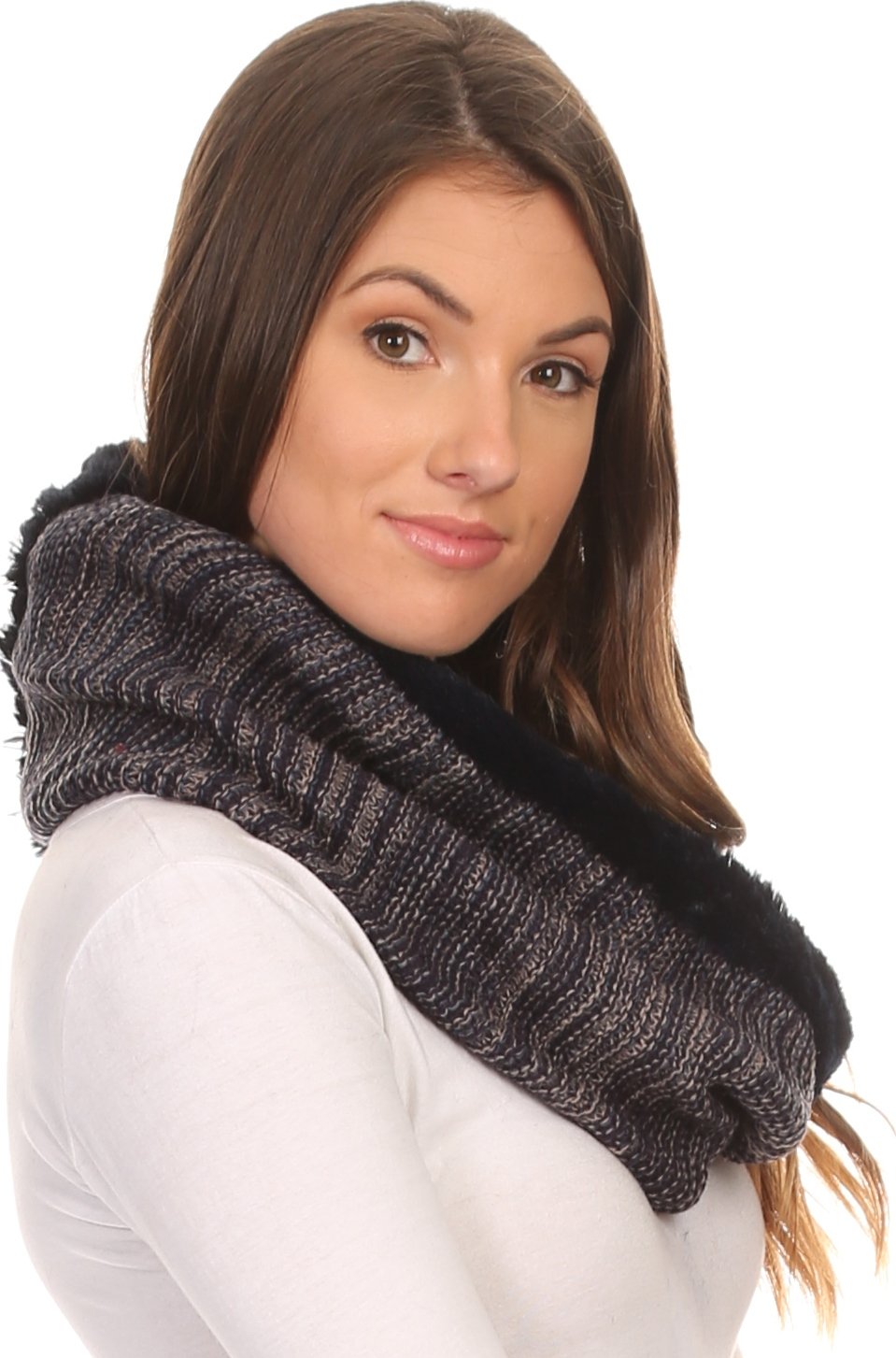Sakkas Sele Short Two Textured Faux Fur Ribbed Knit Mixed Designed Infinity Scarf - Concordia Style Boutique