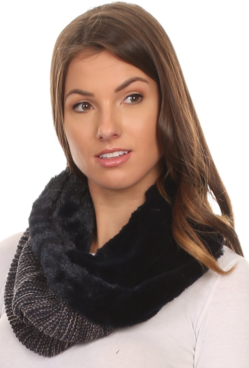 Sakkas Sele Short Two Textured Faux Fur Ribbed Knit Mixed Designed Infinity Scarf - Concordia Style Boutique