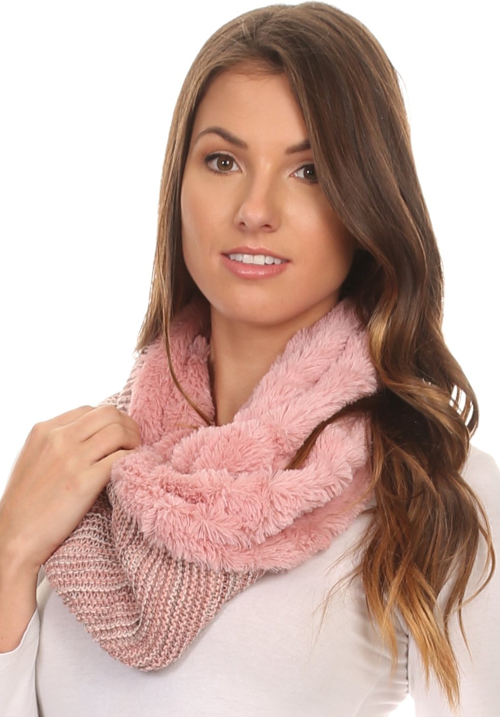 Sakkas Sele Short Two Textured Faux Fur Ribbed Knit Mixed Designed Infinity Scarf - Concordia Style Boutique
