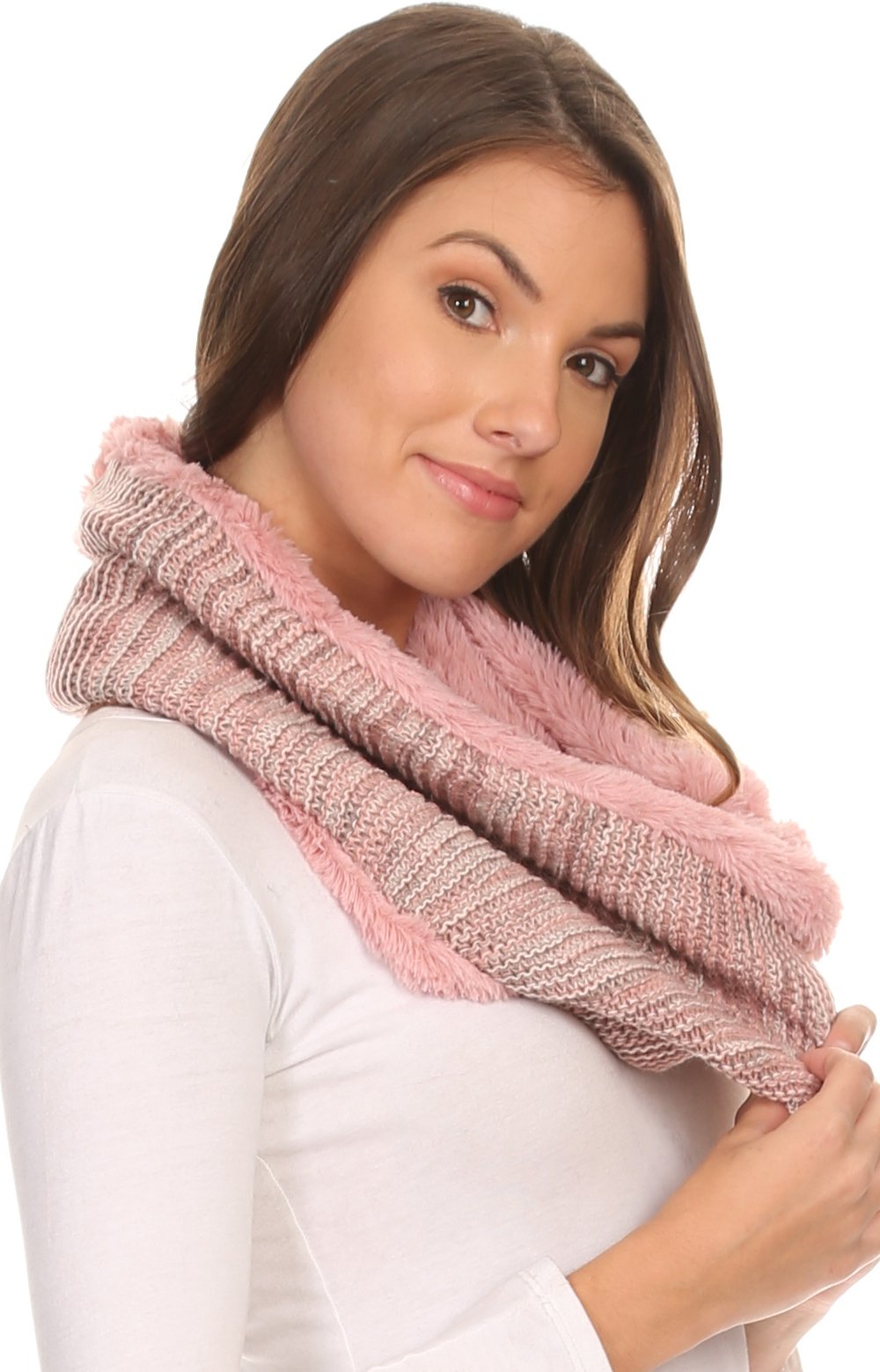 Sakkas Sele Short Two Textured Faux Fur Ribbed Knit Mixed Designed Infinity Scarf - Concordia Style Boutique