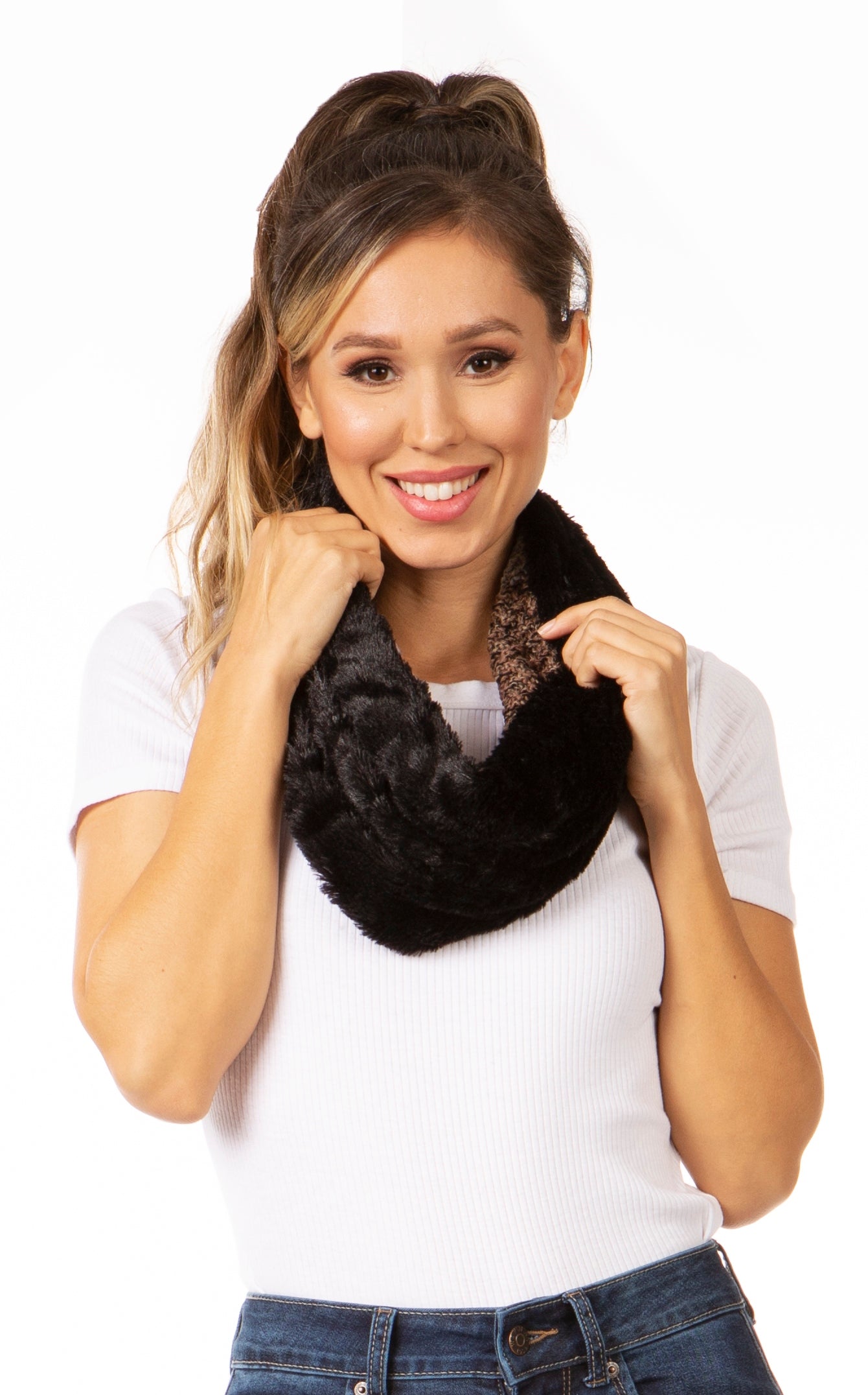 Sakkas Julie Short Wrap Around Two Sided Faux Fur And Ribbed Knit Infinity Scarf - Concordia Style Boutique