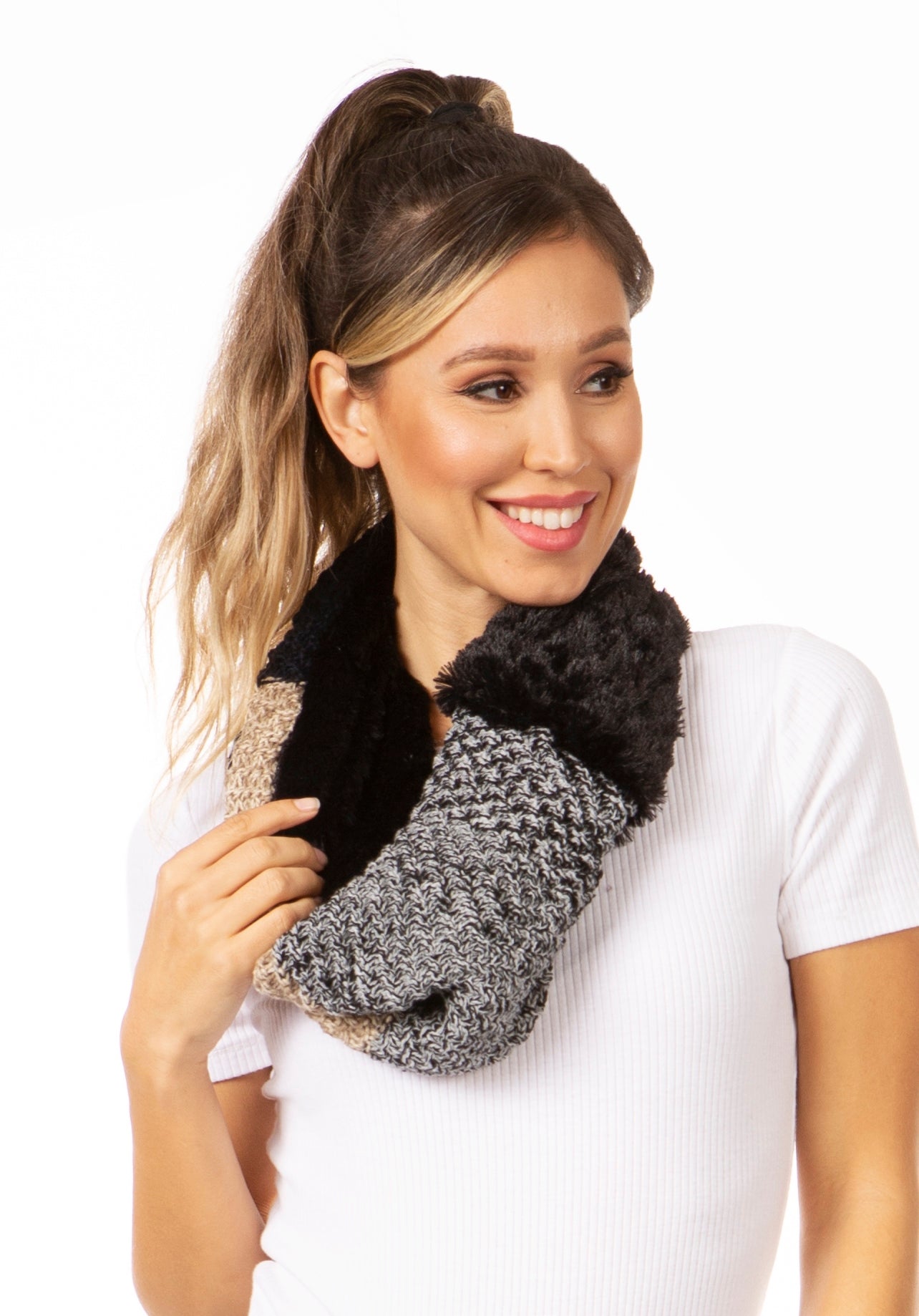Sakkas Julie Short Wrap Around Two Sided Faux Fur And Ribbed Knit Infinity Scarf - Concordia Style Boutique