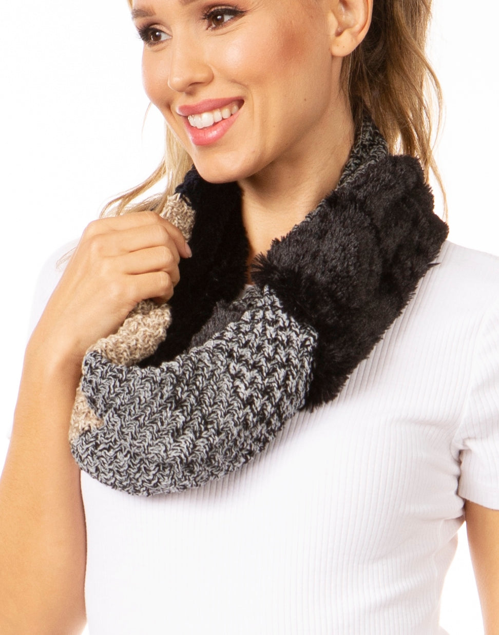 Sakkas Julie Short Wrap Around Two Sided Faux Fur And Ribbed Knit Infinity Scarf - Concordia Style Boutique