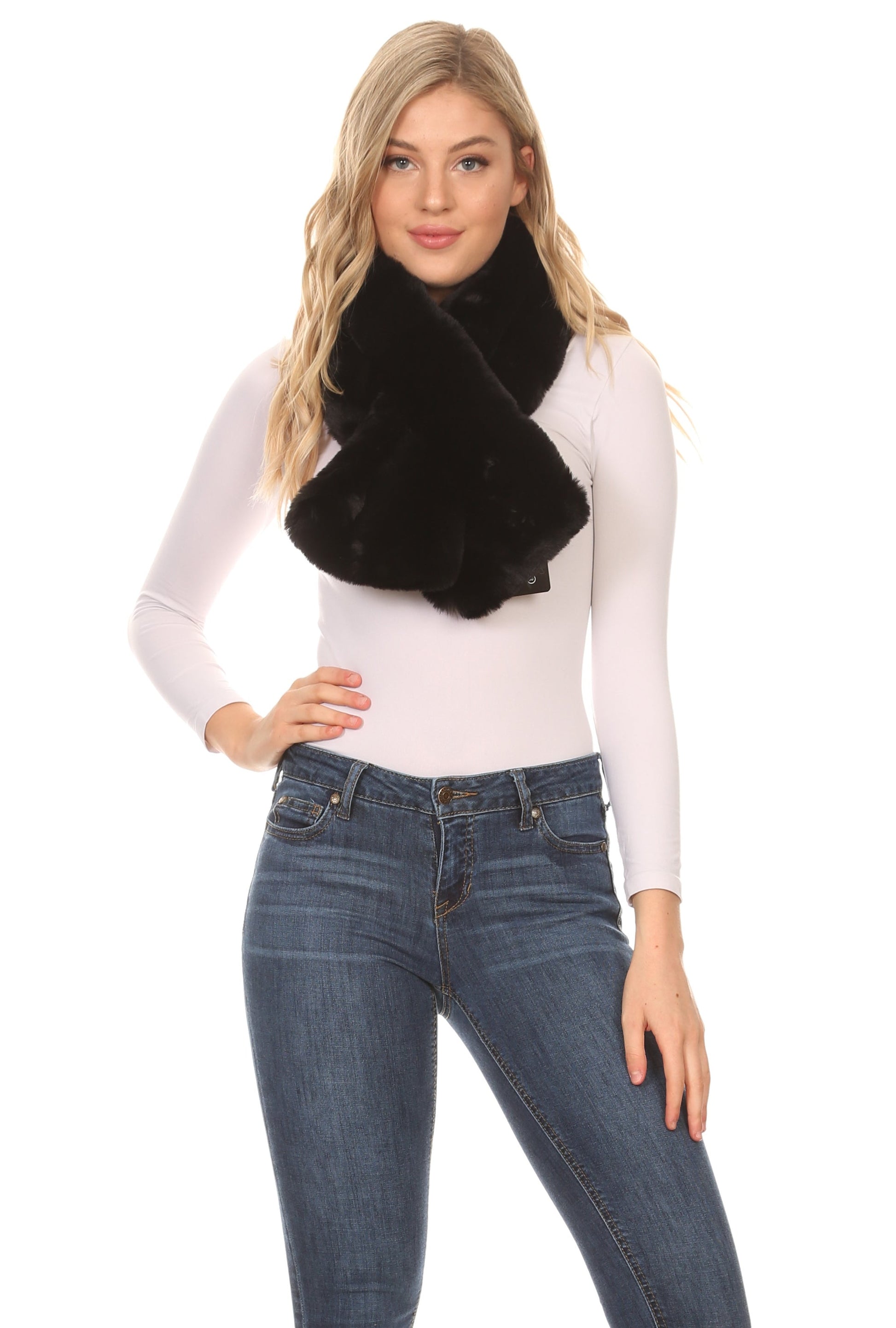 Sakkas Kiy Loophole Faux Fur Long Soft Warm Comfortable Textured Bow Scarf - Concordia Style Boutique