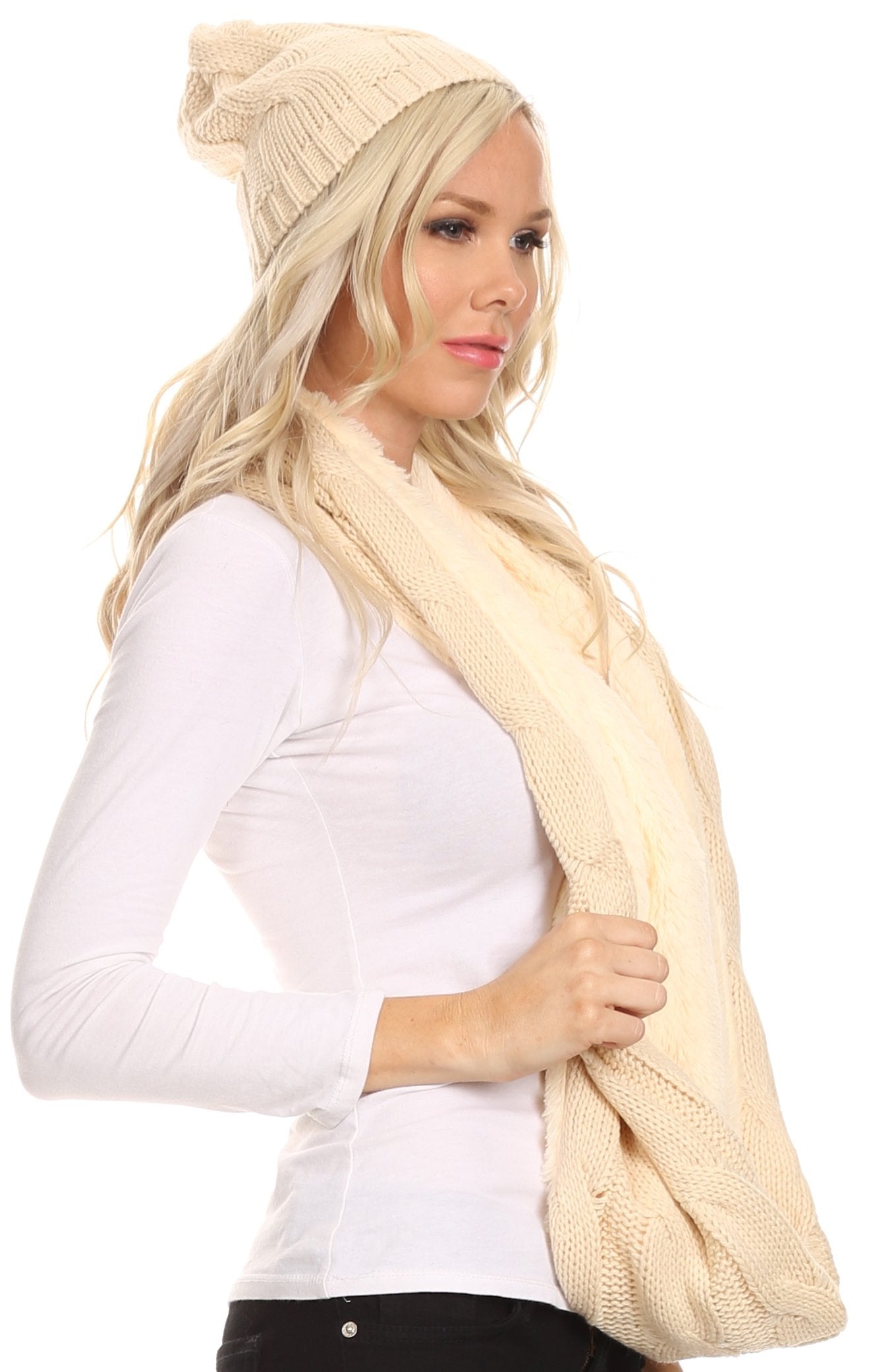 Sakkas Olliey Long Wide Classic Cable Knit Fur Lined Infinity Scarf And Hat Set - Concordia Style Boutique