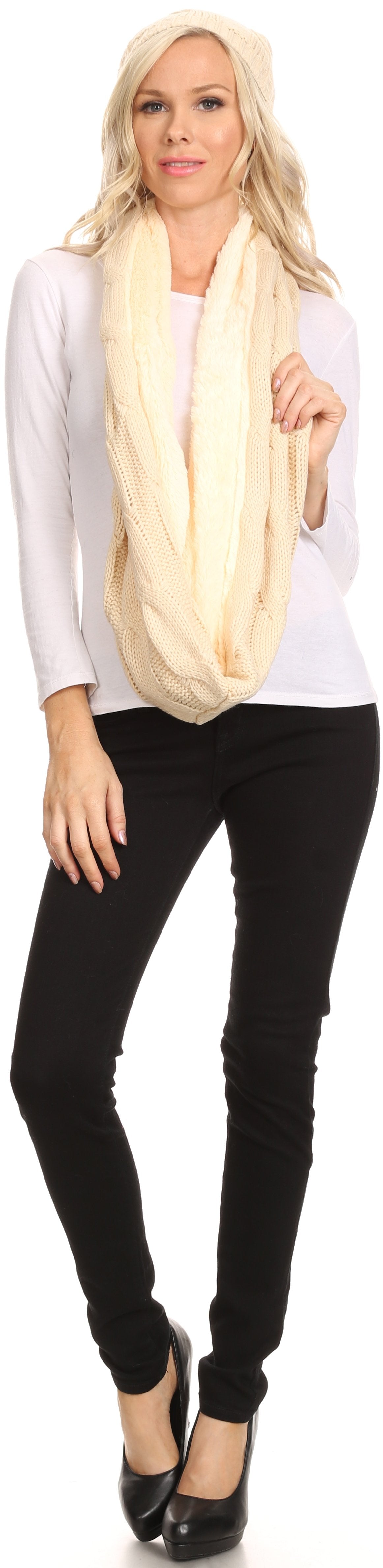 Sakkas Olliey Long Wide Classic Cable Knit Fur Lined Infinity Scarf And Hat Set - Concordia Style Boutique