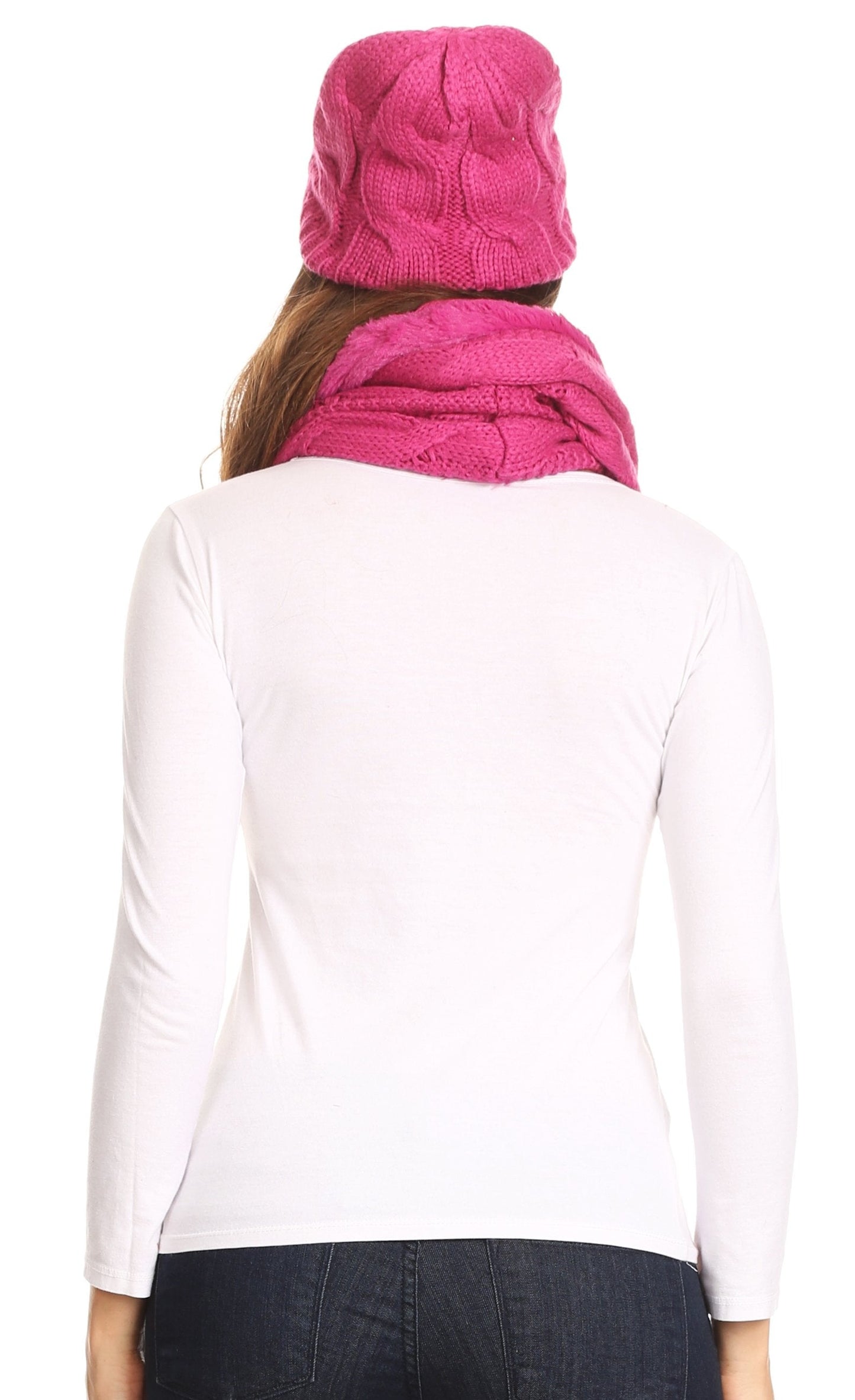 Sakkas Olliey Long Wide Classic Cable Knit Fur Lined Infinity Scarf And Hat Set - Concordia Style Boutique