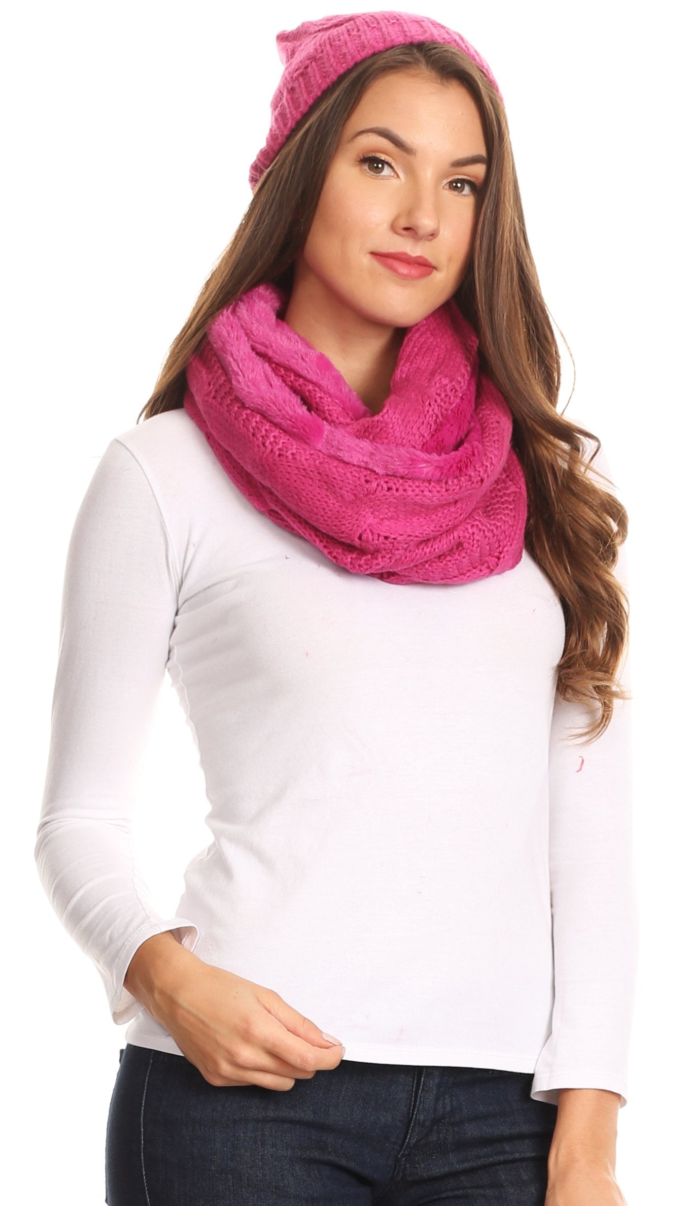 Sakkas Olliey Long Wide Classic Cable Knit Fur Lined Infinity Scarf And Hat Set - Concordia Style Boutique