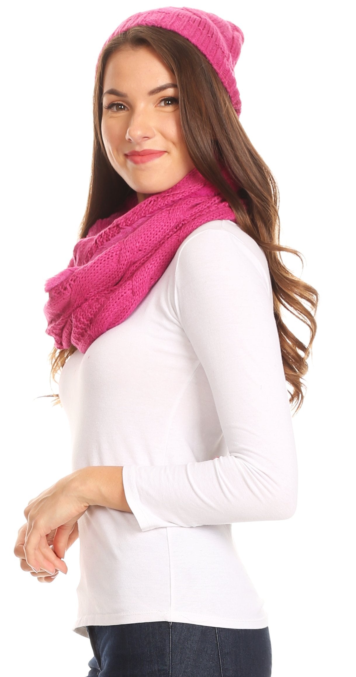 Sakkas Olliey Long Wide Classic Cable Knit Fur Lined Infinity Scarf And Hat Set - Concordia Style Boutique