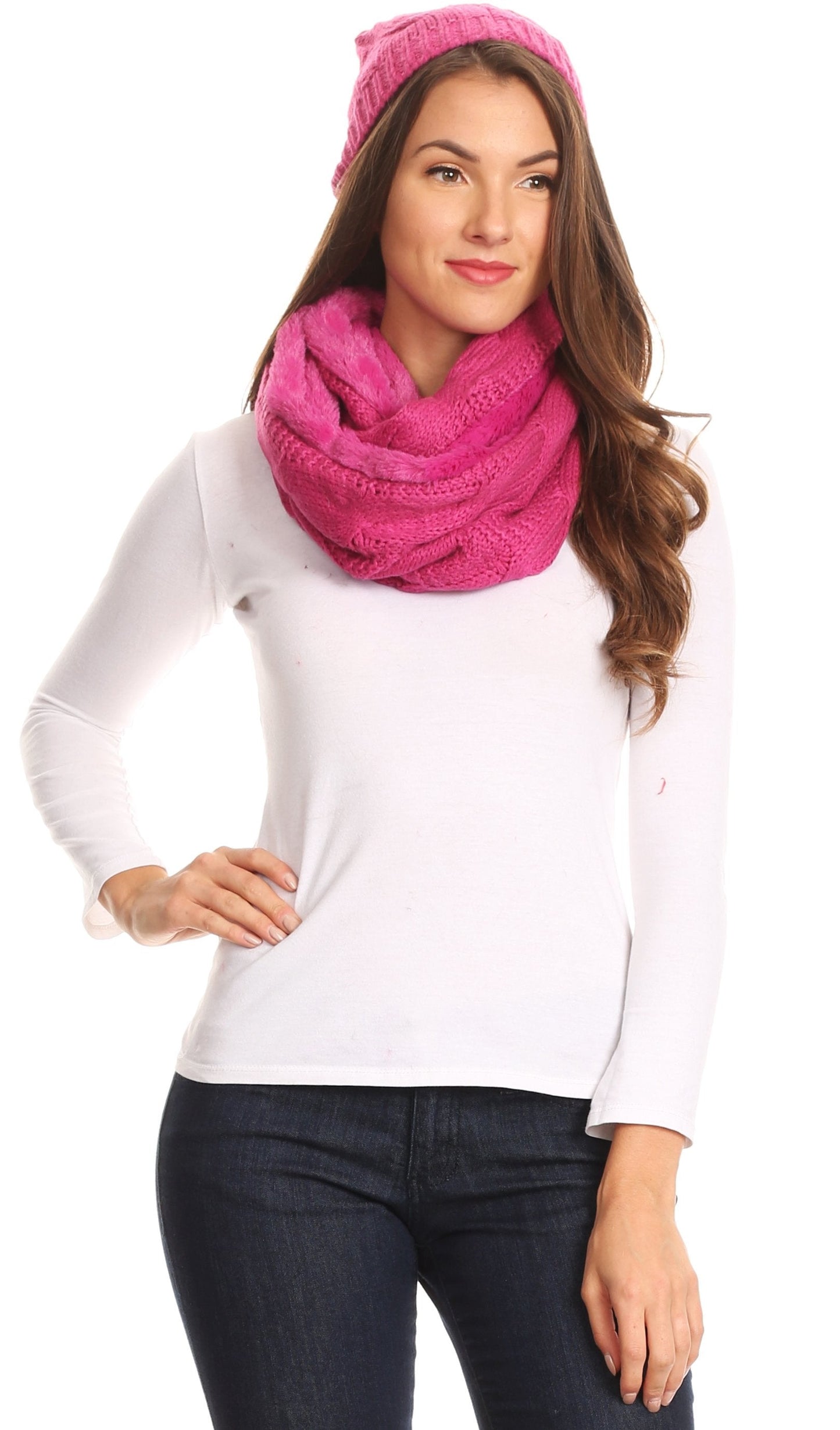 Sakkas Olliey Long Wide Classic Cable Knit Fur Lined Infinity Scarf And Hat Set - Concordia Style Boutique