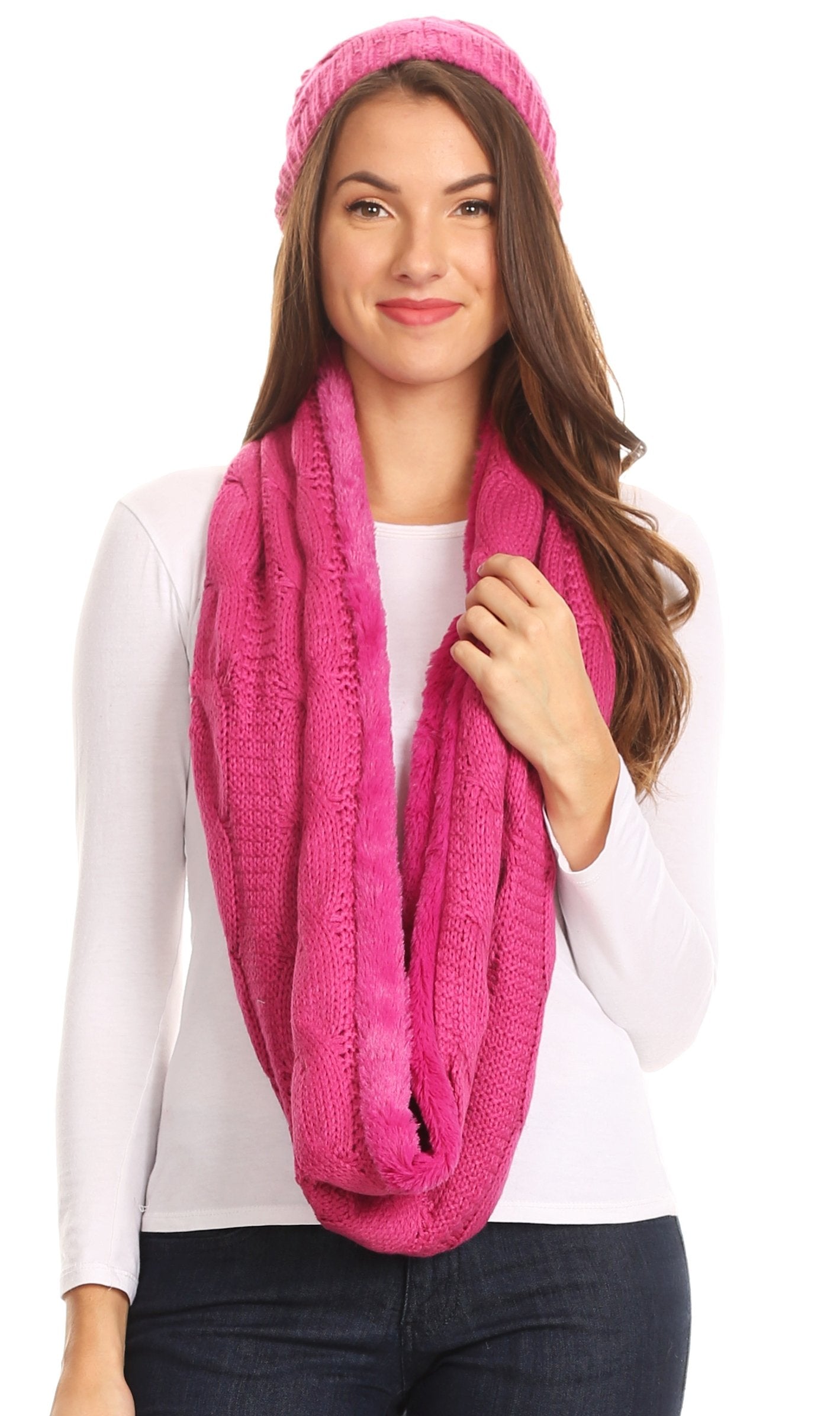 Sakkas Olliey Long Wide Classic Cable Knit Fur Lined Infinity Scarf And Hat Set - Concordia Style Boutique