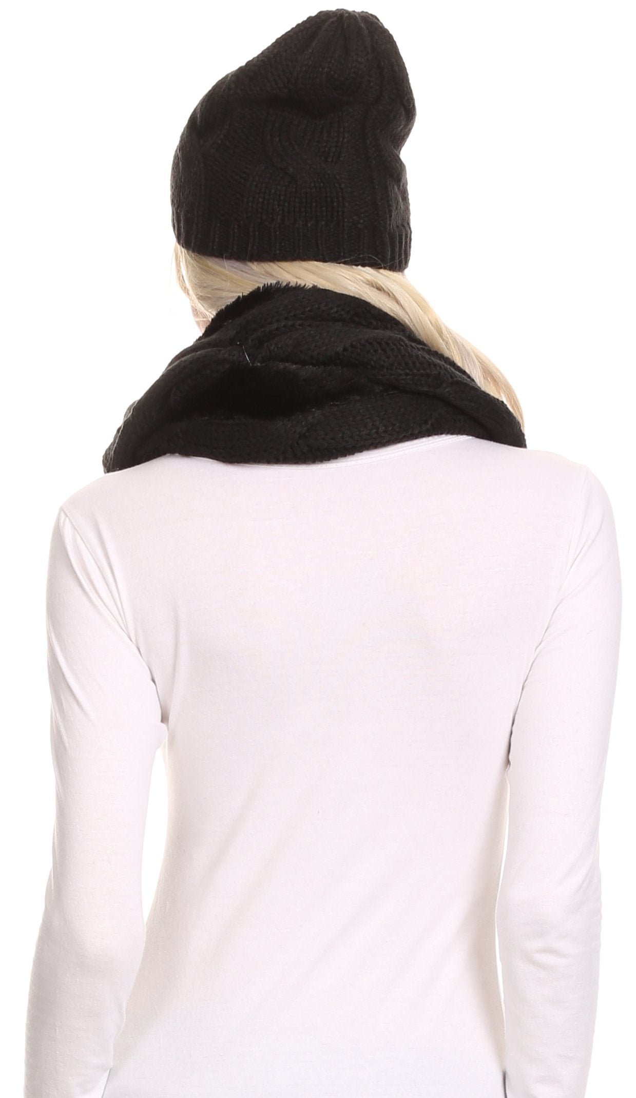 Sakkas Olliey Long Wide Classic Cable Knit Fur Lined Infinity Scarf And Hat Set - Concordia Style Boutique