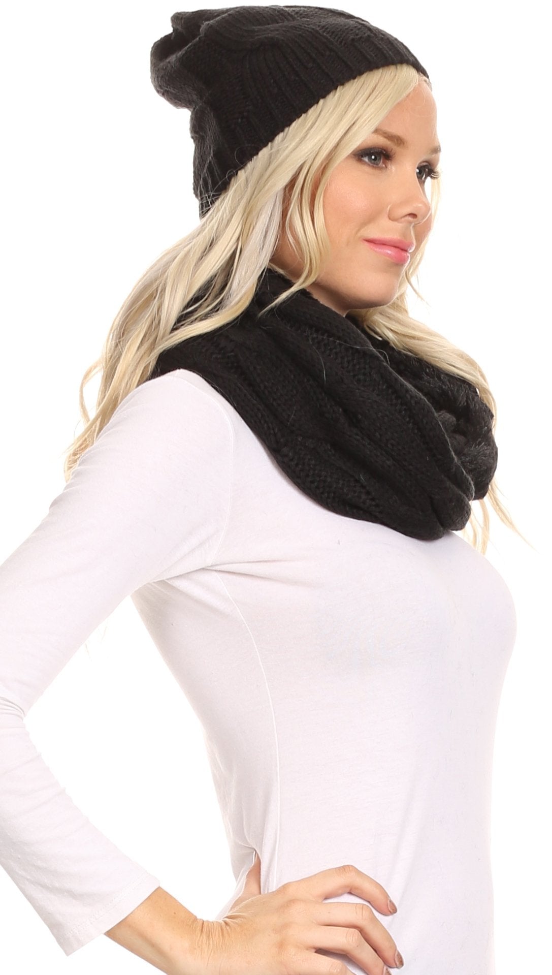 Sakkas Olliey Long Wide Classic Cable Knit Fur Lined Infinity Scarf And Hat Set - Concordia Style Boutique