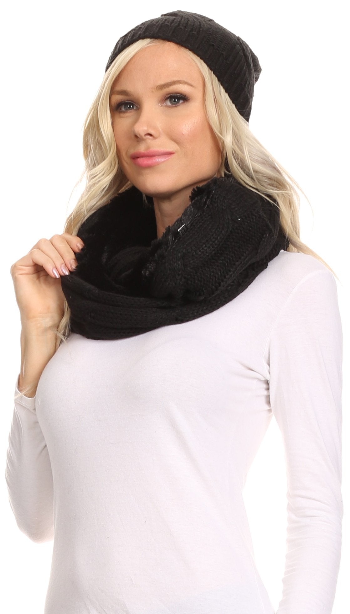 Sakkas Olliey Long Wide Classic Cable Knit Fur Lined Infinity Scarf And Hat Set - Concordia Style Boutique