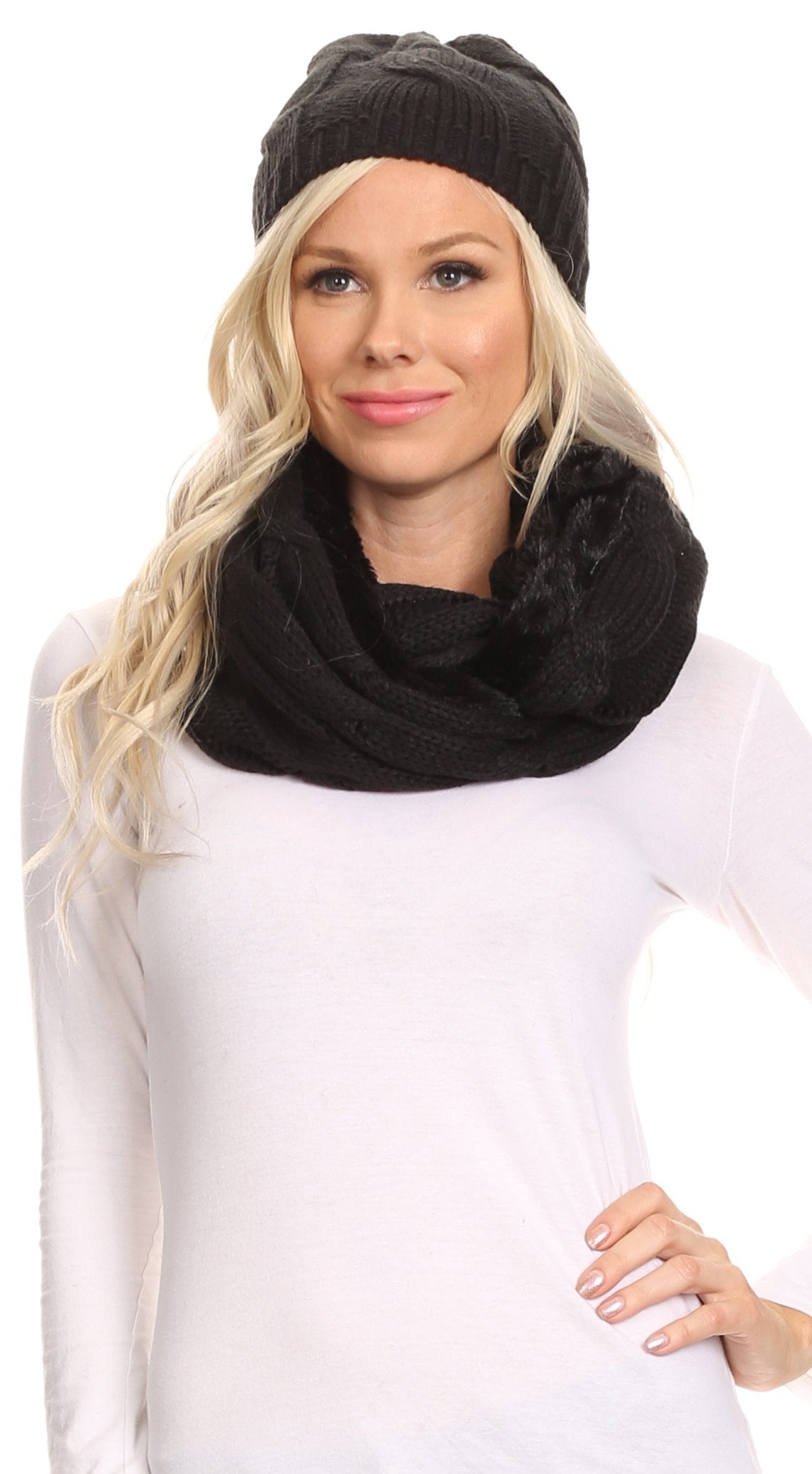 Sakkas Olliey Long Wide Classic Cable Knit Fur Lined Infinity Scarf And Hat Set - Concordia Style Boutique