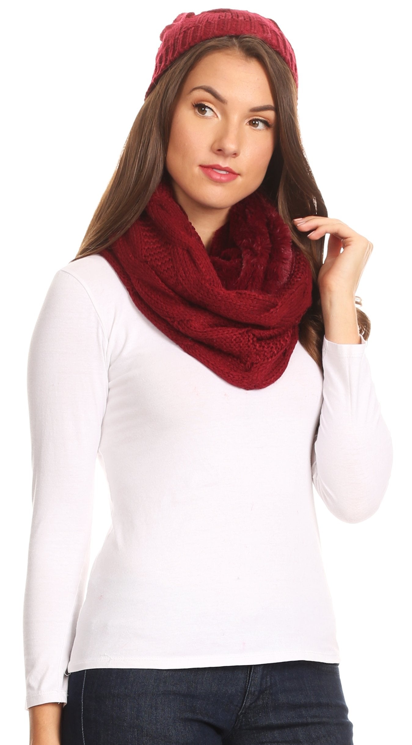Sakkas Olliey Long Wide Classic Cable Knit Fur Lined Infinity Scarf And Hat Set - Concordia Style Boutique