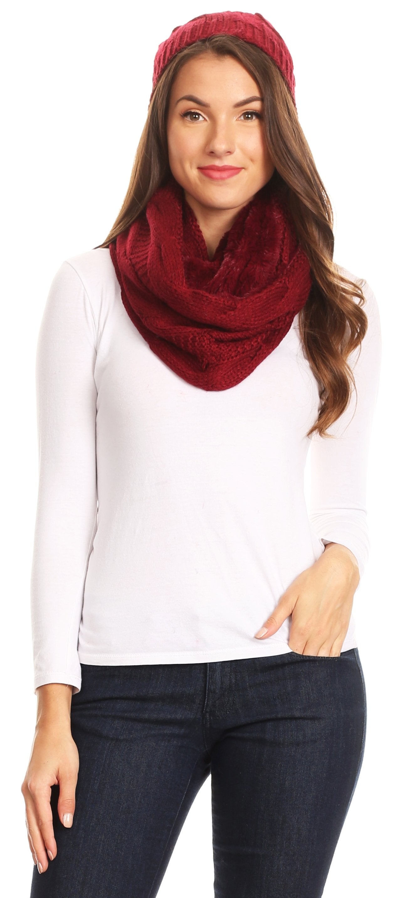 Sakkas Olliey Long Wide Classic Cable Knit Fur Lined Infinity Scarf And Hat Set - Concordia Style Boutique