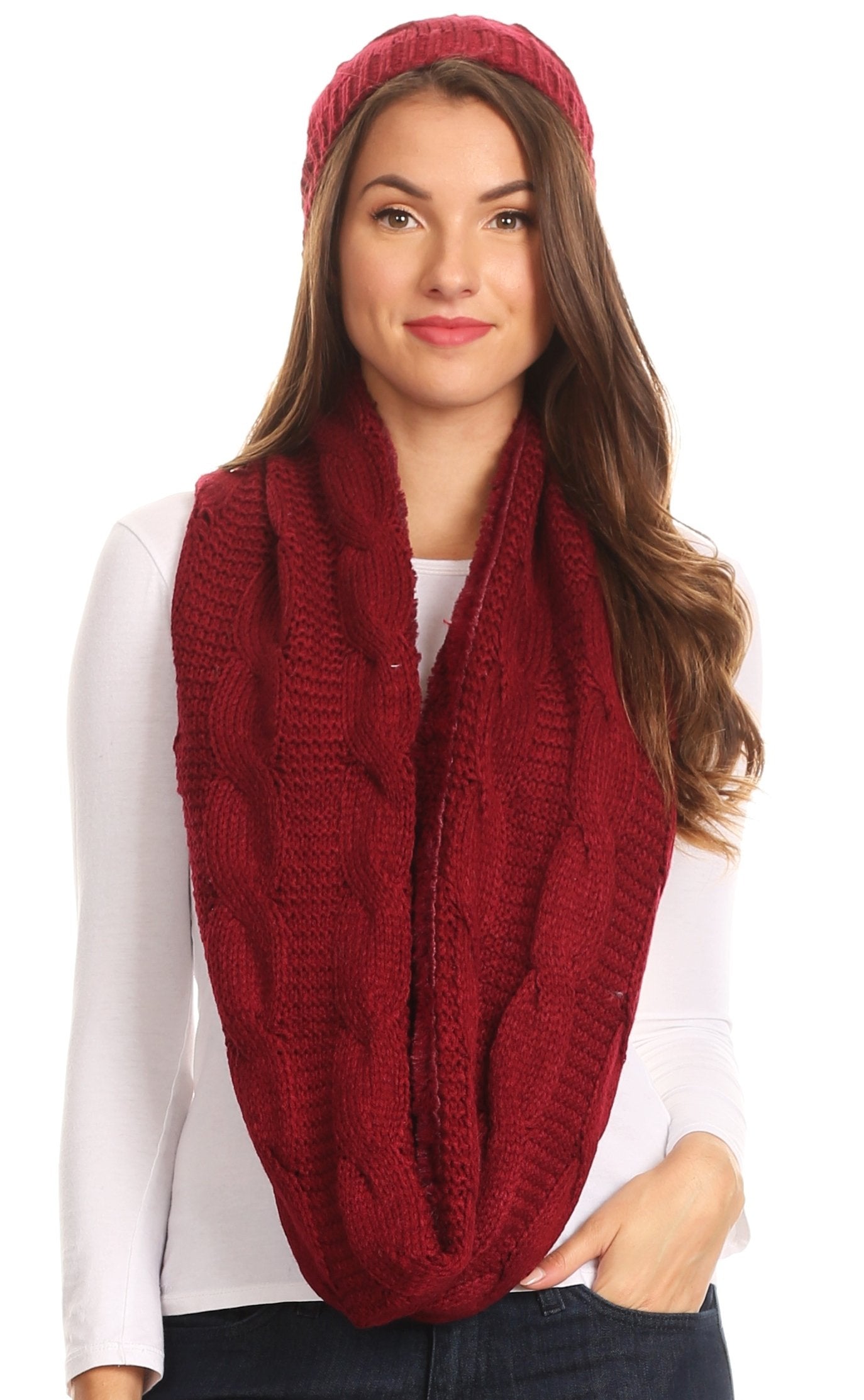 Sakkas Olliey Long Wide Classic Cable Knit Fur Lined Infinity Scarf And Hat Set - Concordia Style Boutique