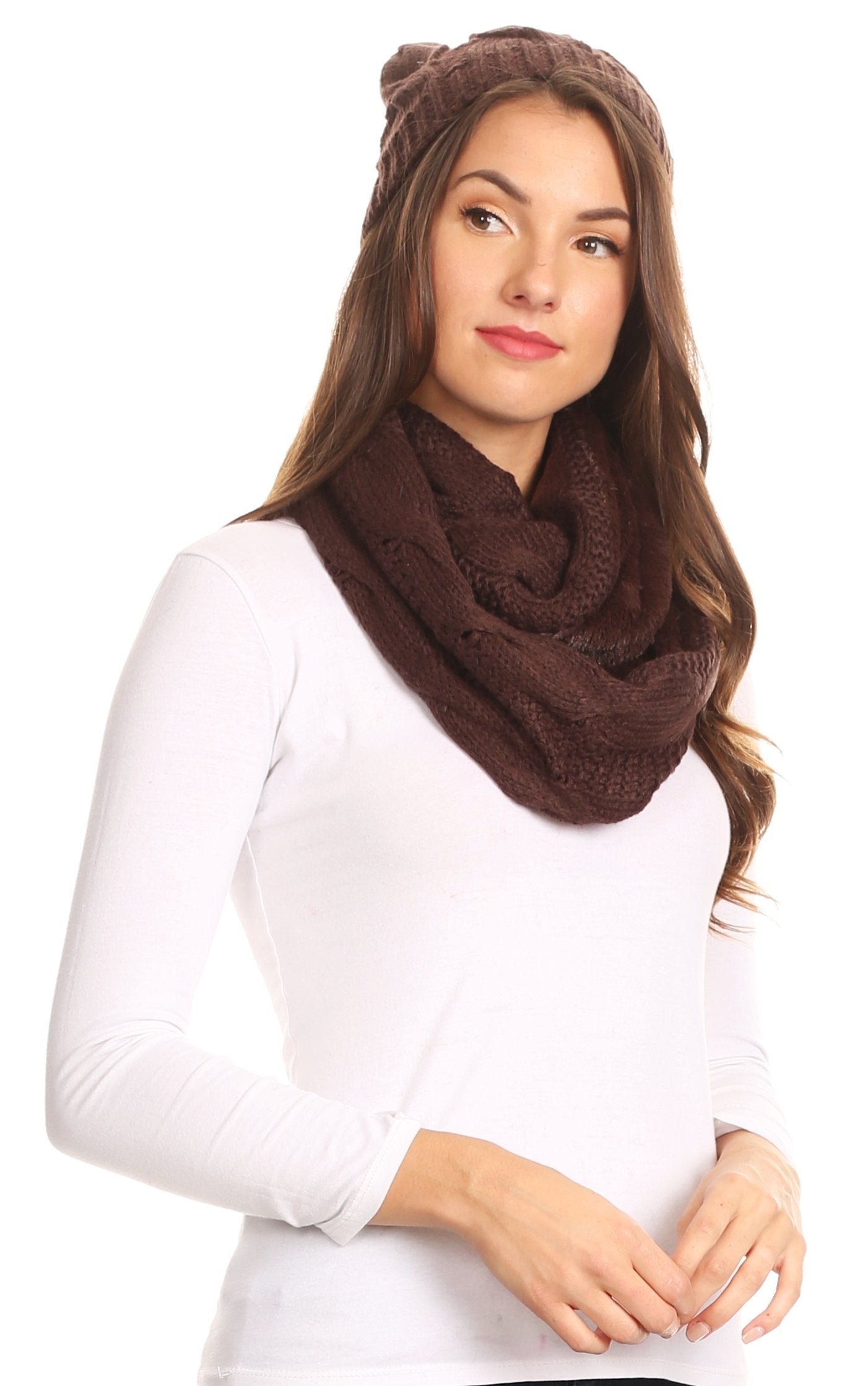 Sakkas Olliey Long Wide Classic Cable Knit Fur Lined Infinity Scarf And Hat Set - Concordia Style Boutique