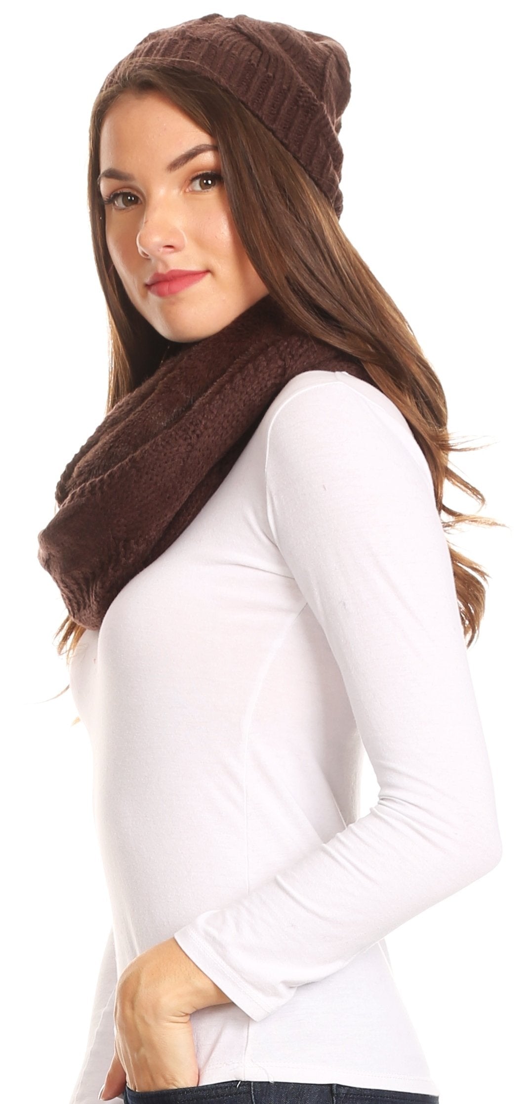 Sakkas Olliey Long Wide Classic Cable Knit Fur Lined Infinity Scarf And Hat Set - Concordia Style Boutique