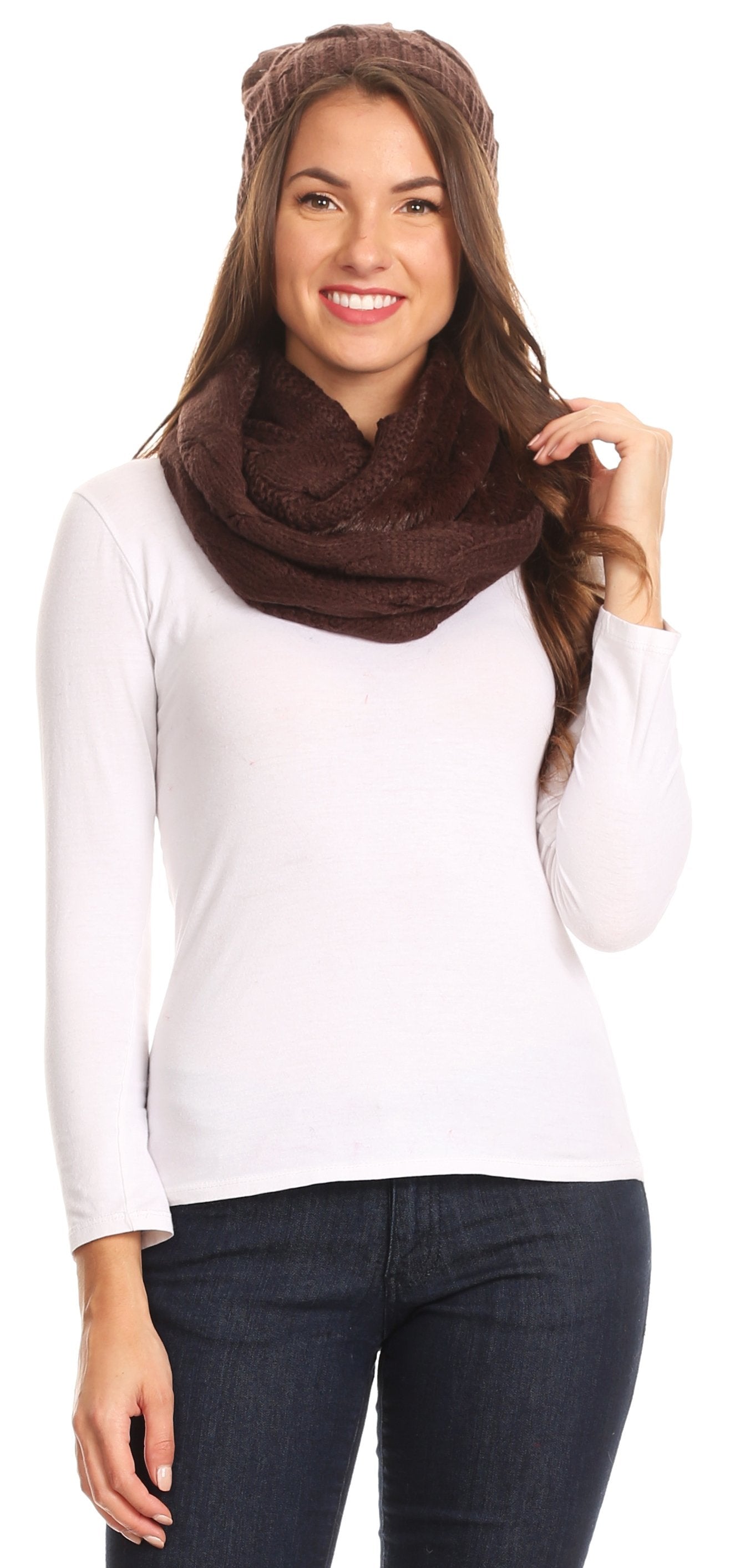 Sakkas Olliey Long Wide Classic Cable Knit Fur Lined Infinity Scarf And Hat Set - Concordia Style Boutique