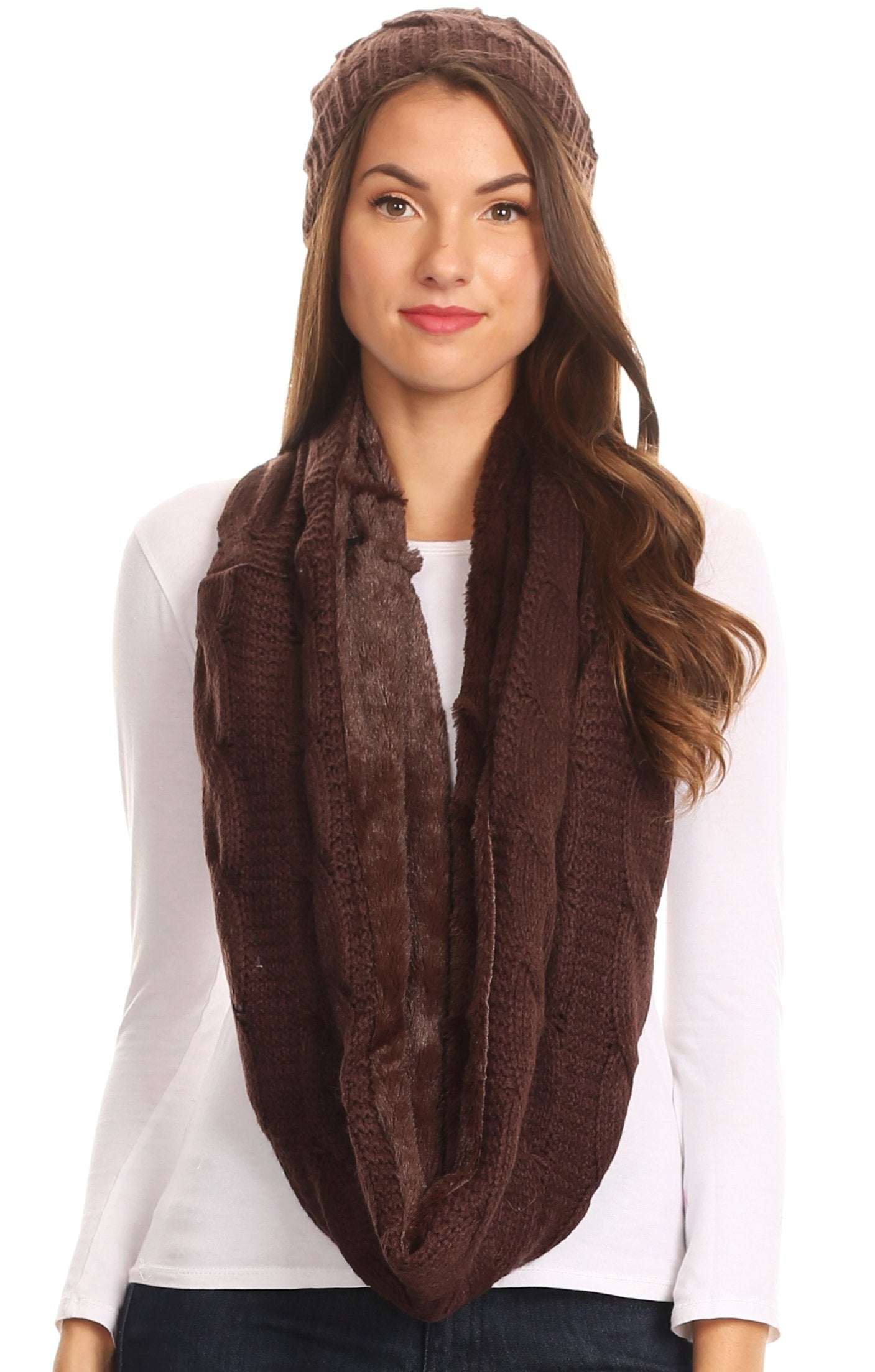 Sakkas Olliey Long Wide Classic Cable Knit Fur Lined Infinity Scarf And Hat Set - Concordia Style Boutique