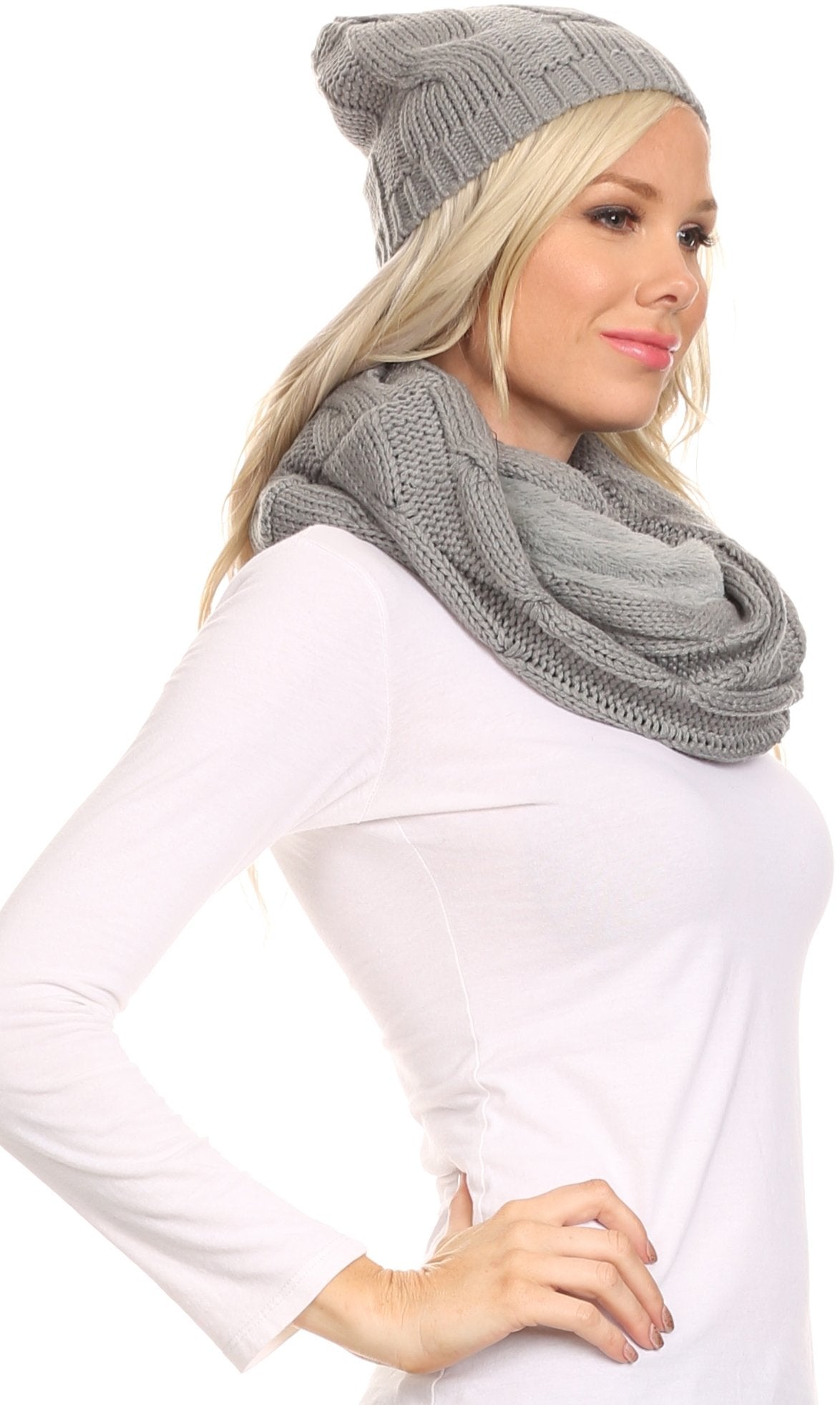 Sakkas Olliey Long Wide Classic Cable Knit Fur Lined Infinity Scarf And Hat Set - Concordia Style Boutique
