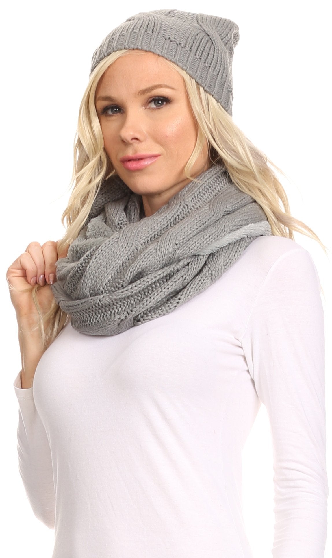 Sakkas Olliey Long Wide Classic Cable Knit Fur Lined Infinity Scarf And Hat Set - Concordia Style Boutique