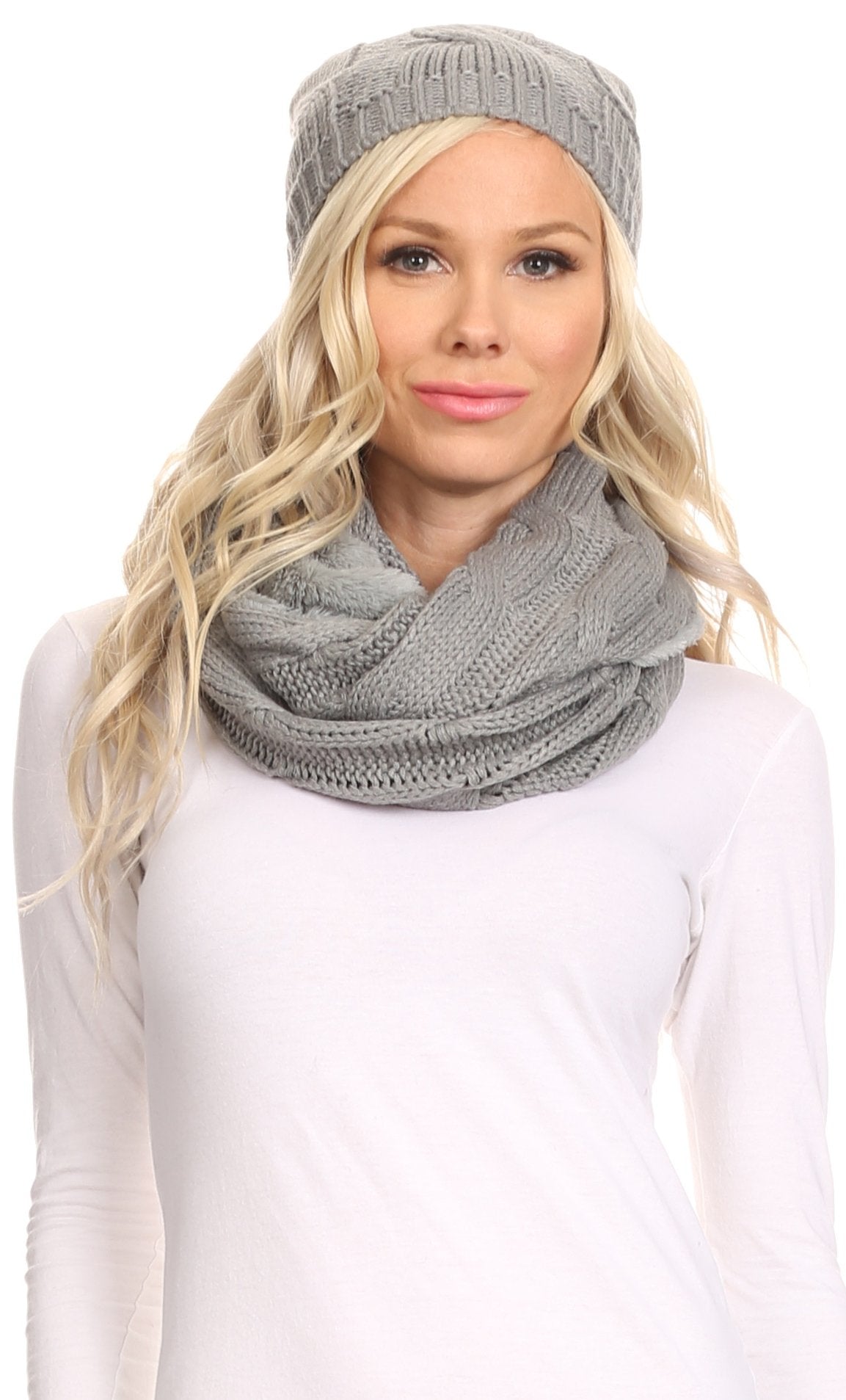 Sakkas Olliey Long Wide Classic Cable Knit Fur Lined Infinity Scarf And Hat Set - Concordia Style Boutique