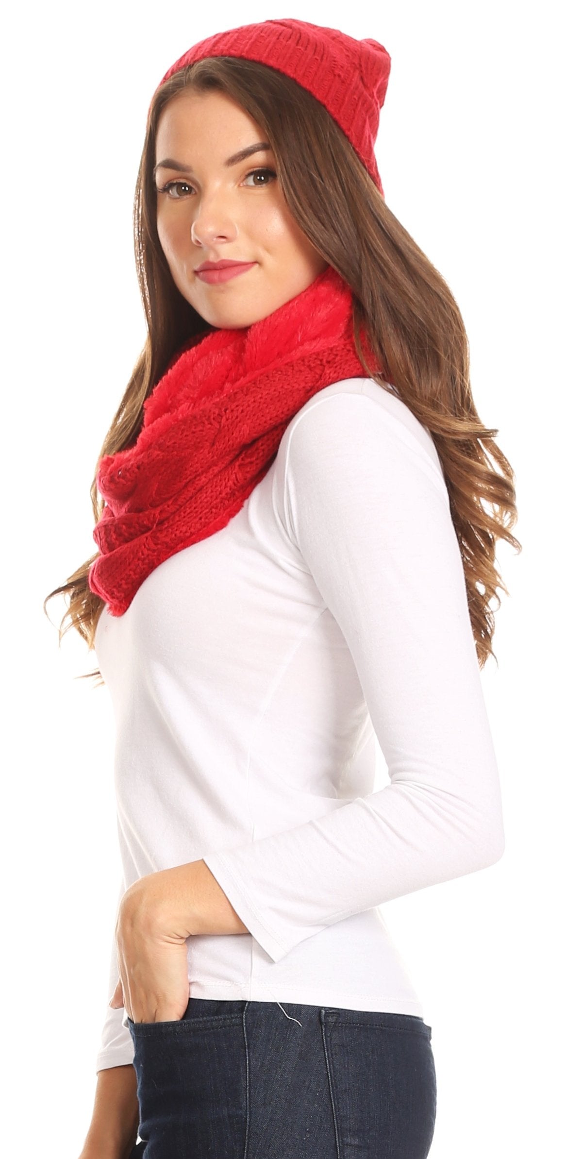 Sakkas Olliey Long Wide Classic Cable Knit Fur Lined Infinity Scarf And Hat Set - Concordia Style Boutique