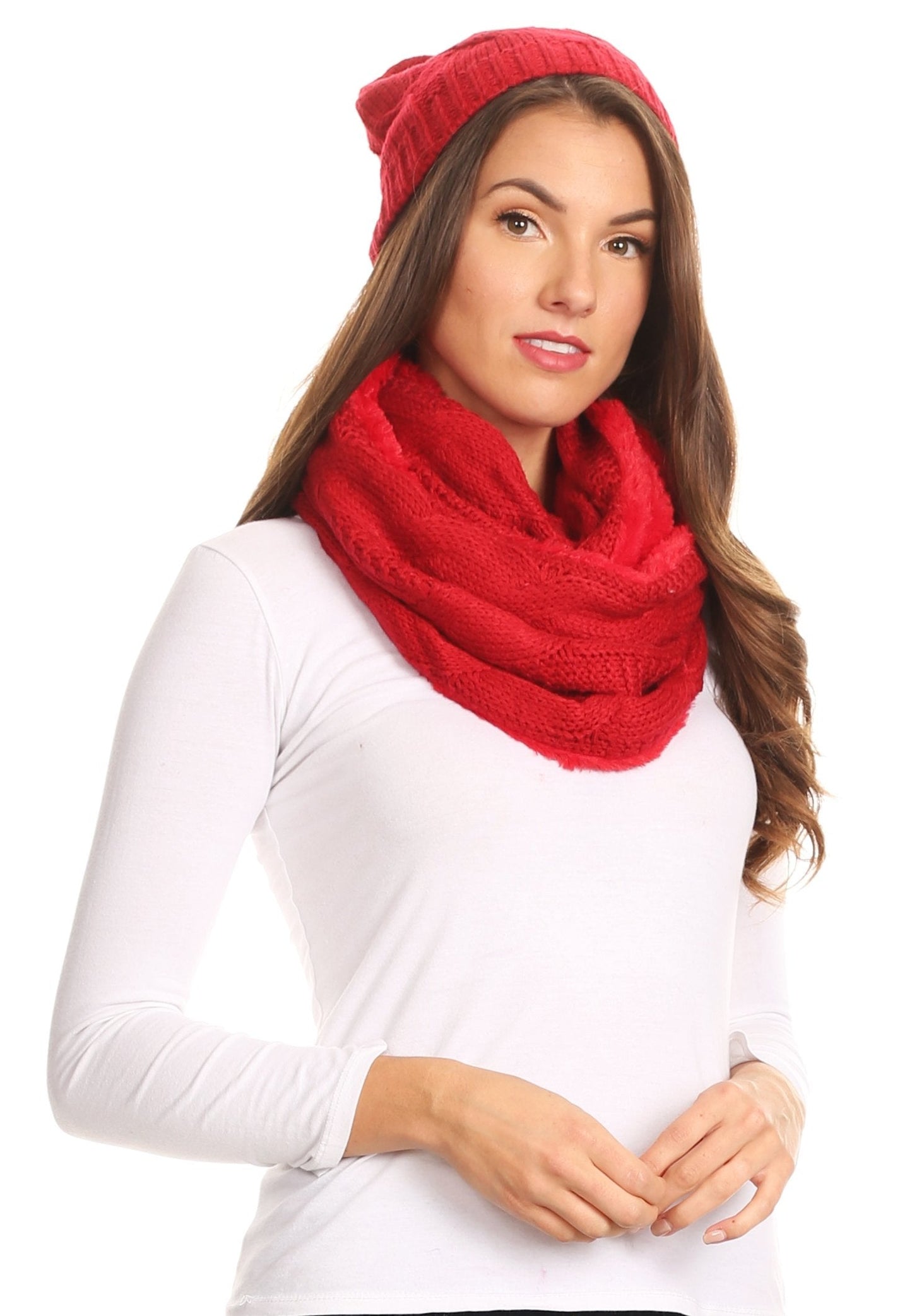 Sakkas Olliey Long Wide Classic Cable Knit Fur Lined Infinity Scarf And Hat Set - Concordia Style Boutique