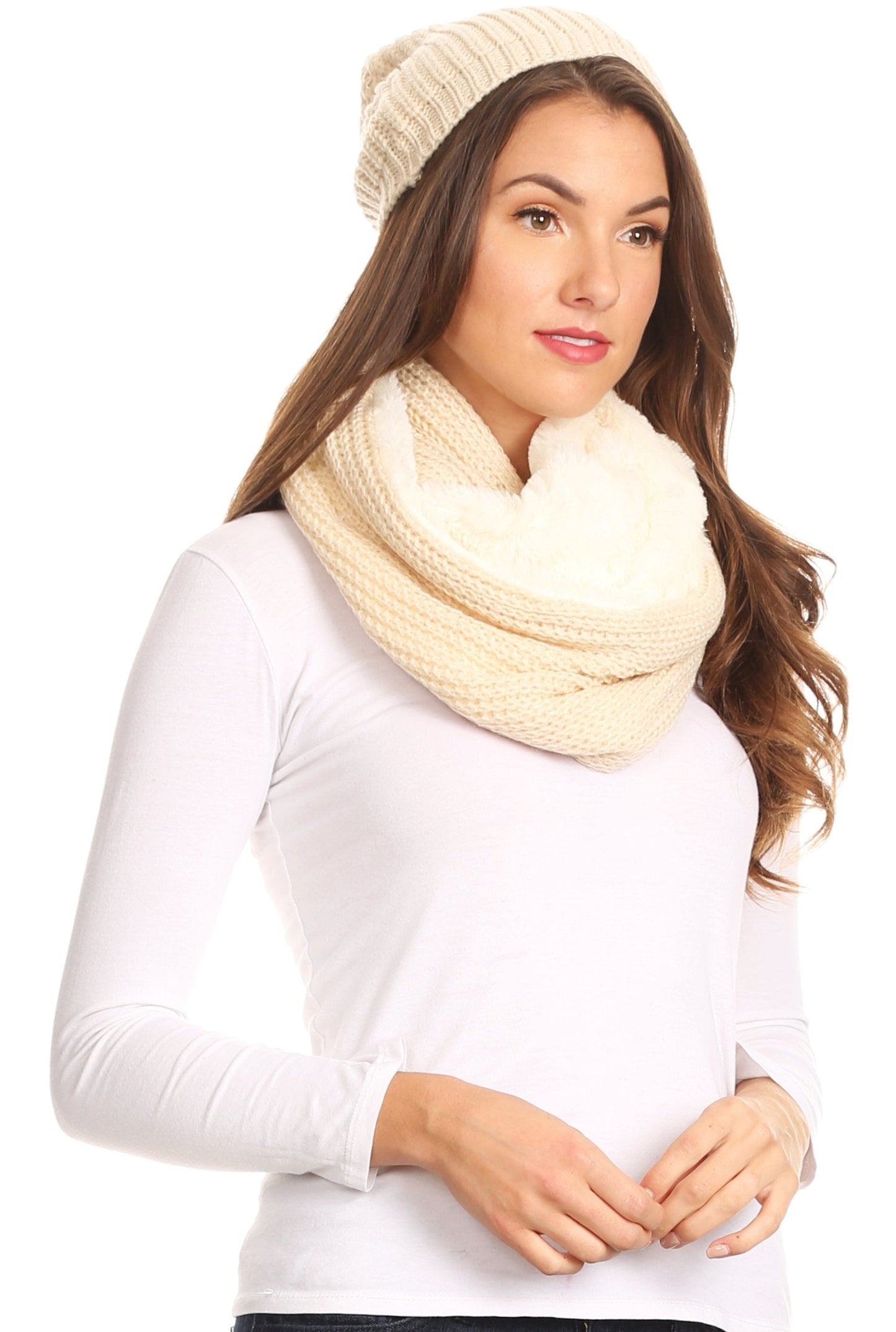 Sakkas Balencia Cool Girl Long Wide Soft Fur Lined Infinity Scarf Beanie Hat Set - Concordia Style Boutique