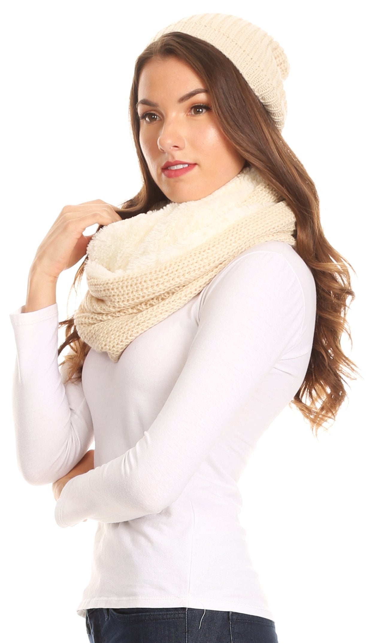 Sakkas Balencia Cool Girl Long Wide Soft Fur Lined Infinity Scarf Beanie Hat Set - Concordia Style Boutique