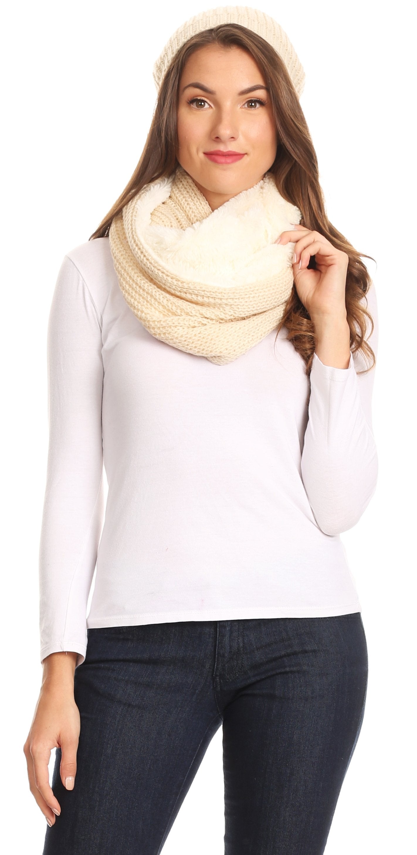 Sakkas Balencia Cool Girl Long Wide Soft Fur Lined Infinity Scarf Beanie Hat Set - Concordia Style Boutique