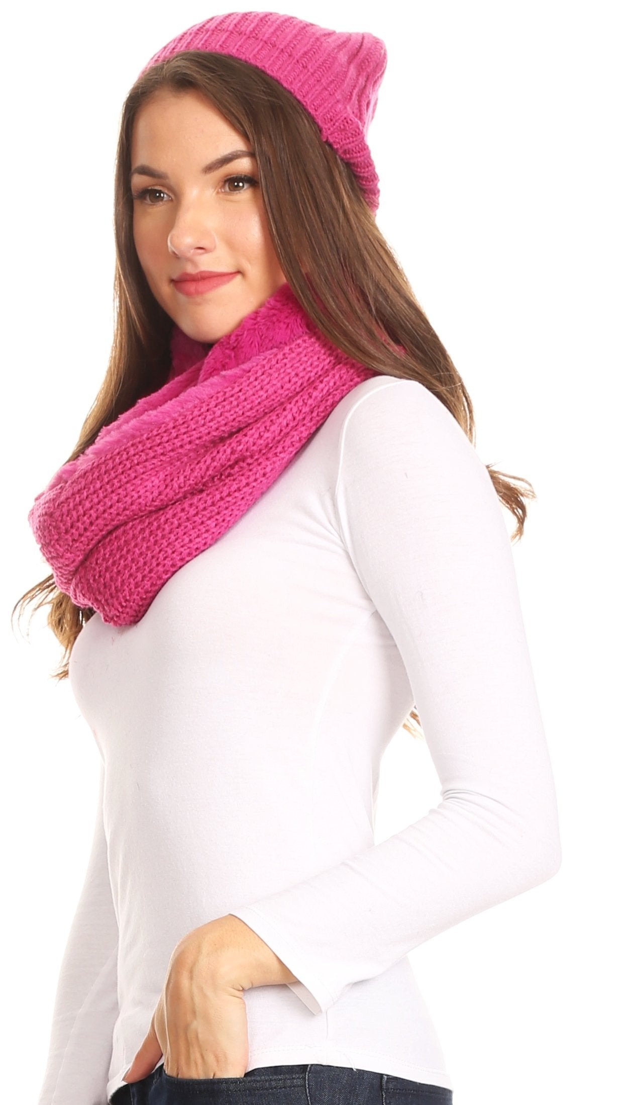 Sakkas Balencia Cool Girl Long Wide Soft Fur Lined Infinity Scarf Beanie Hat Set - Concordia Style Boutique
