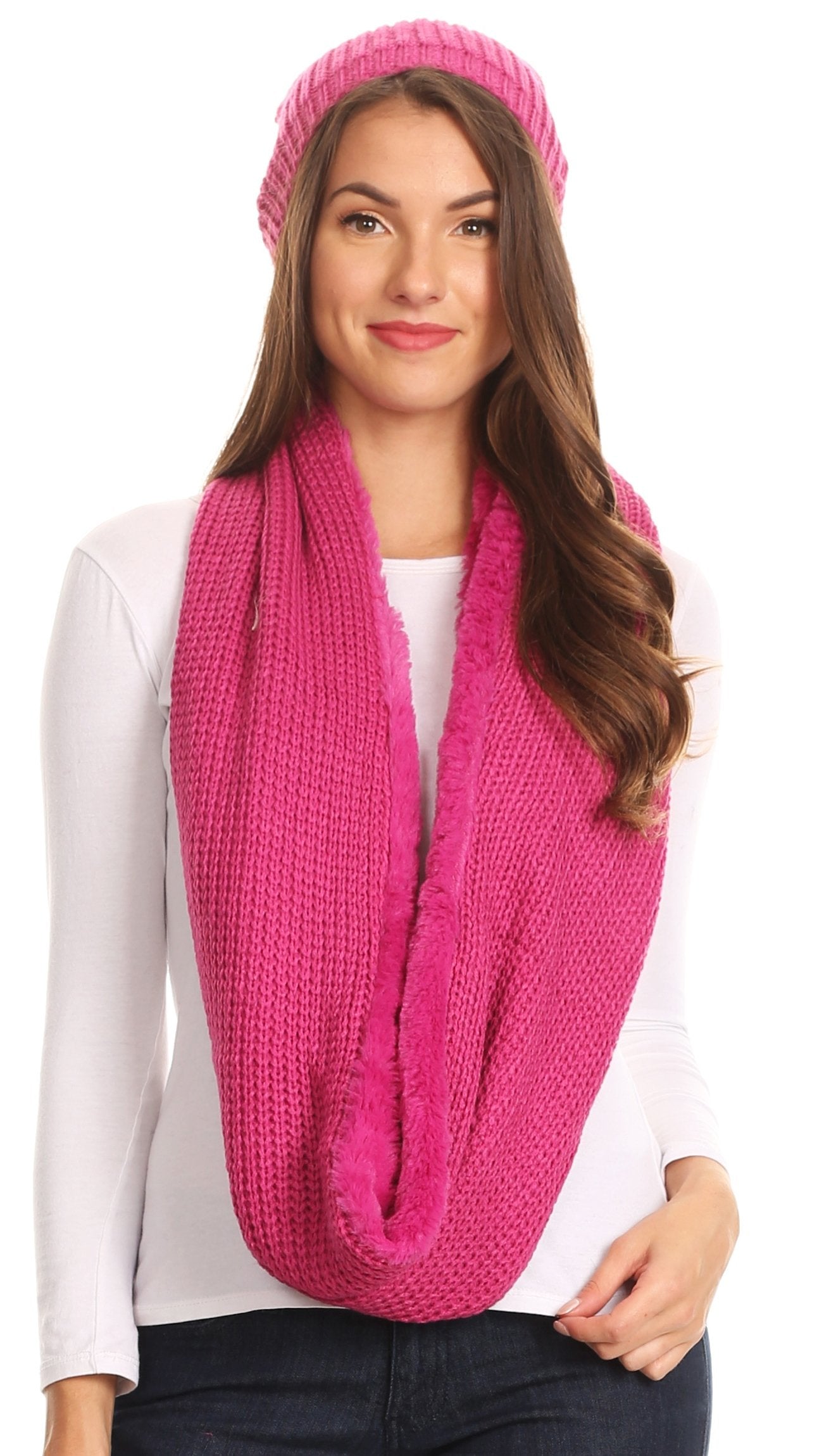Sakkas Balencia Cool Girl Long Wide Soft Fur Lined Infinity Scarf Beanie Hat Set - Concordia Style Boutique