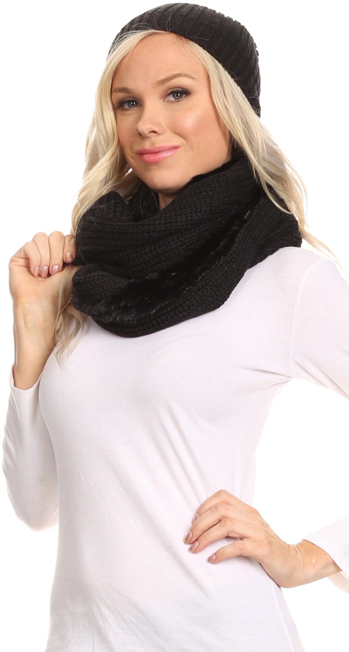 Sakkas Balencia Cool Girl Long Wide Soft Fur Lined Infinity Scarf Beanie Hat Set - Concordia Style Boutique