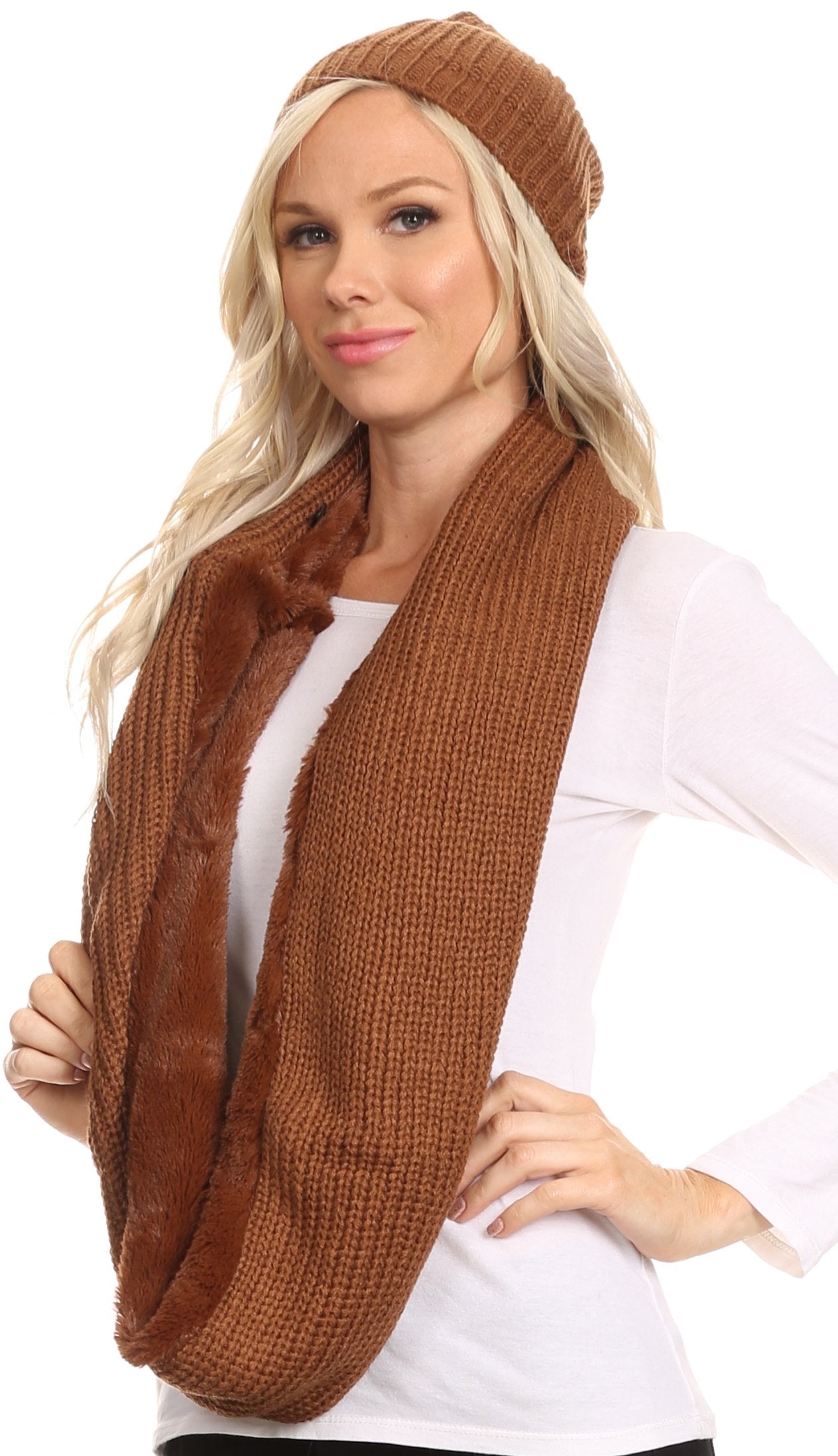 Sakkas Balencia Cool Girl Long Wide Soft Fur Lined Infinity Scarf Beanie Hat Set - Concordia Style Boutique