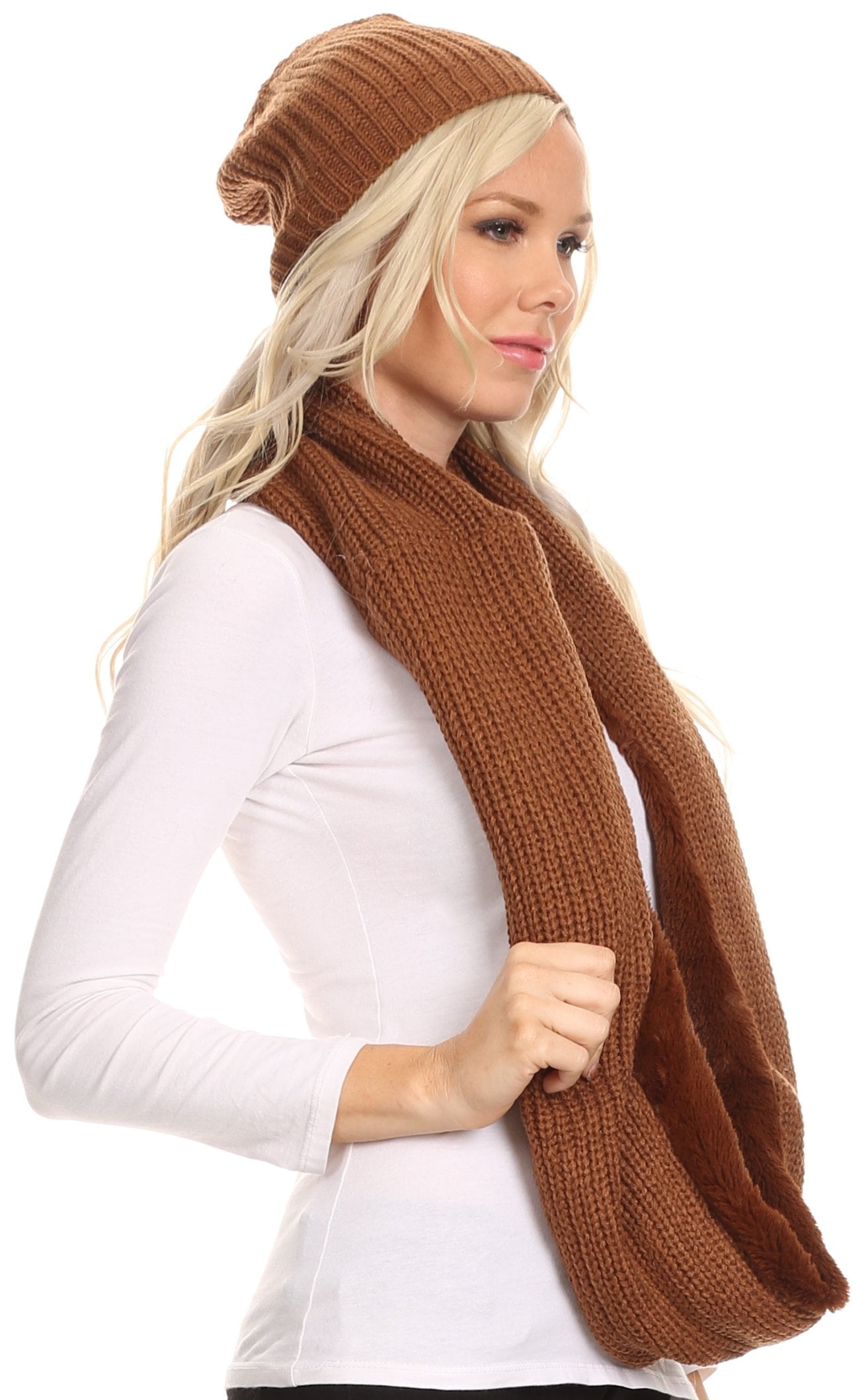 Sakkas Balencia Cool Girl Long Wide Soft Fur Lined Infinity Scarf Beanie Hat Set - Concordia Style Boutique