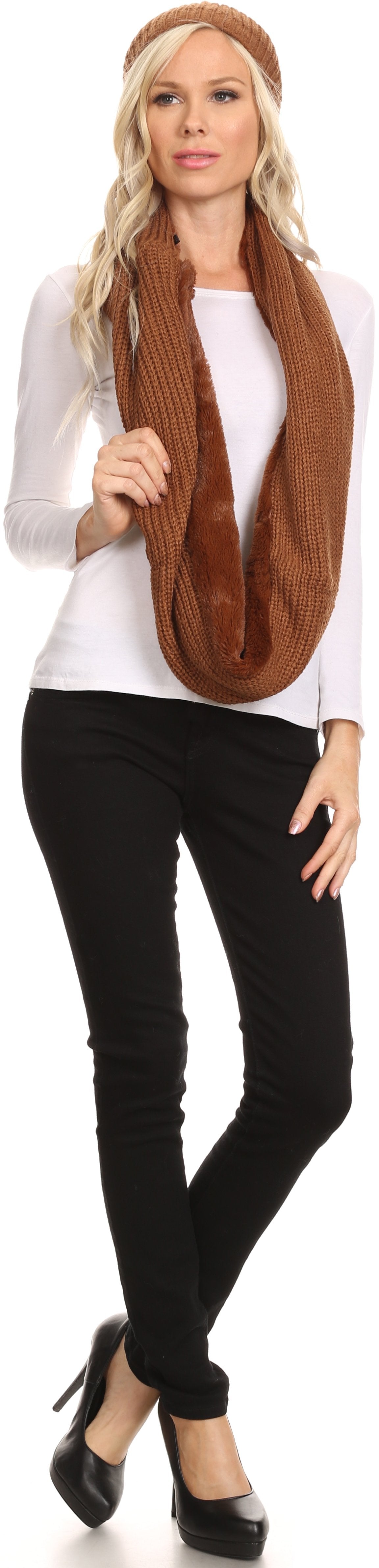 Sakkas Balencia Cool Girl Long Wide Soft Fur Lined Infinity Scarf Beanie Hat Set - Concordia Style Boutique