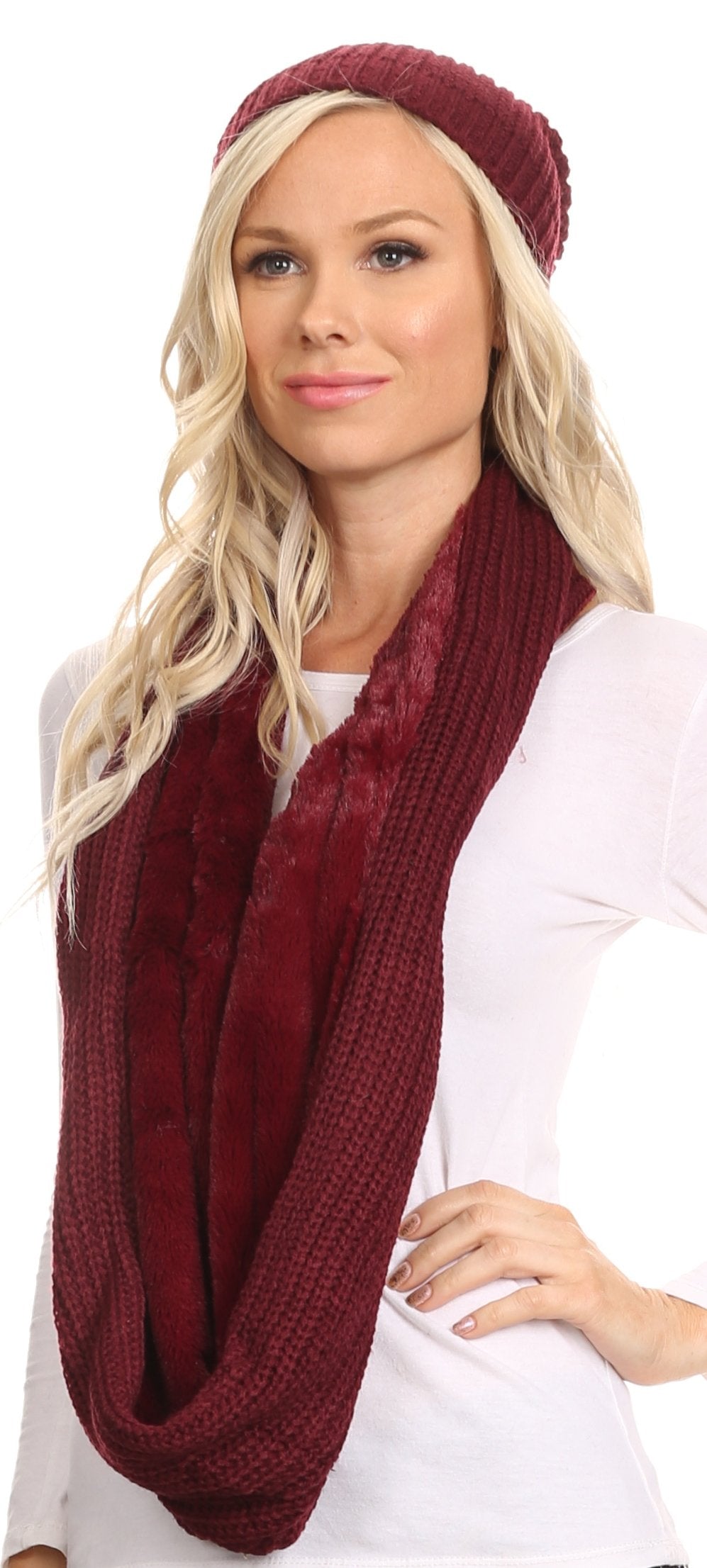 Sakkas Balencia Cool Girl Long Wide Soft Fur Lined Infinity Scarf Beanie Hat Set - Concordia Style Boutique