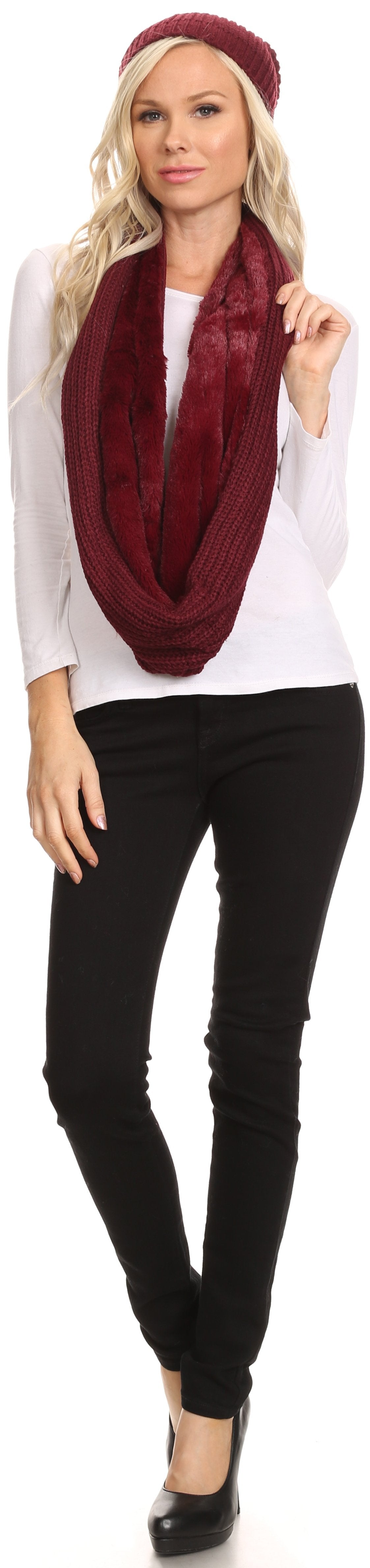 Sakkas Balencia Cool Girl Long Wide Soft Fur Lined Infinity Scarf Beanie Hat Set - Concordia Style Boutique