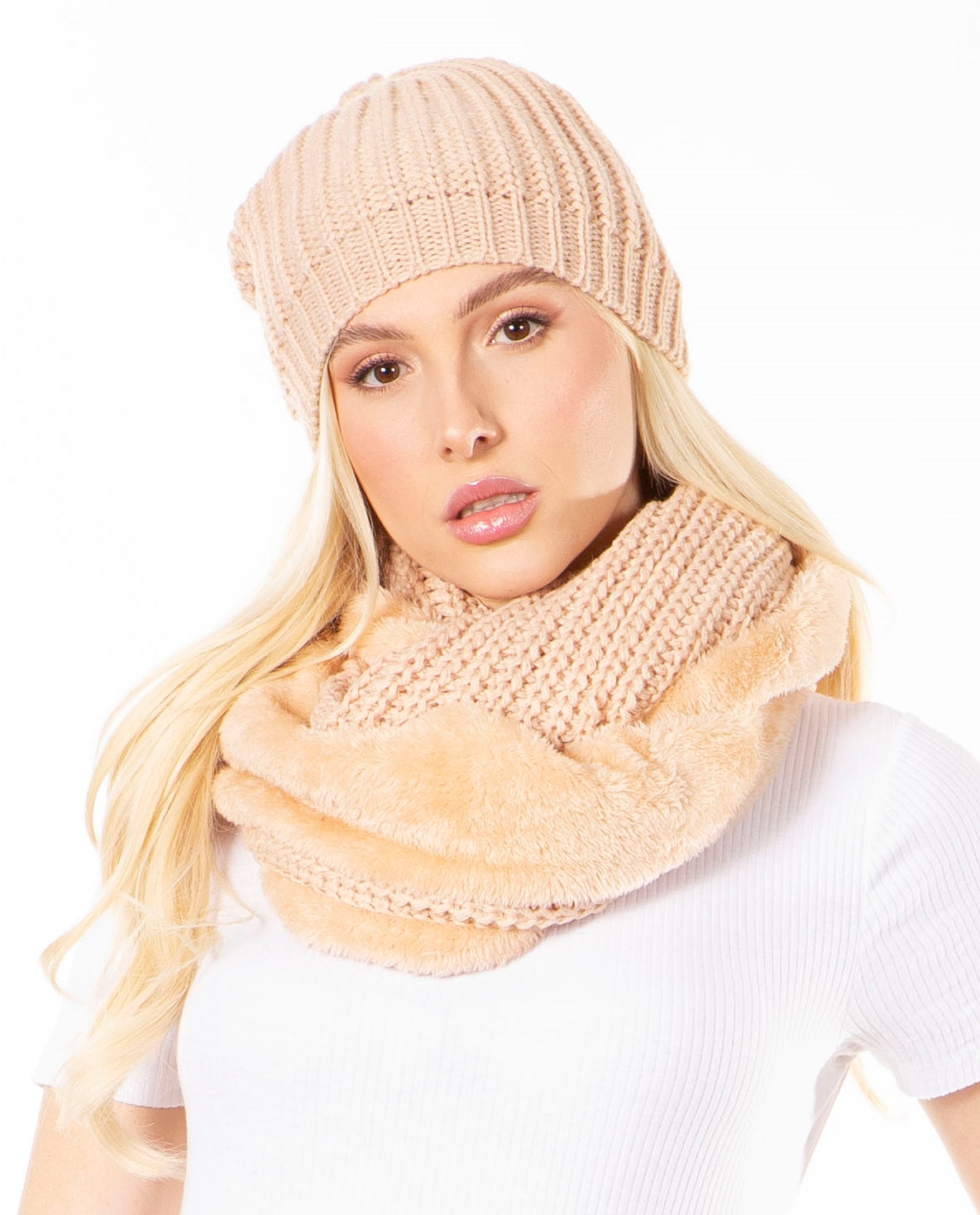 Sakkas Balencia Cool Girl Long Wide Soft Fur Lined Infinity Scarf Beanie Hat Set - Concordia Style Boutique
