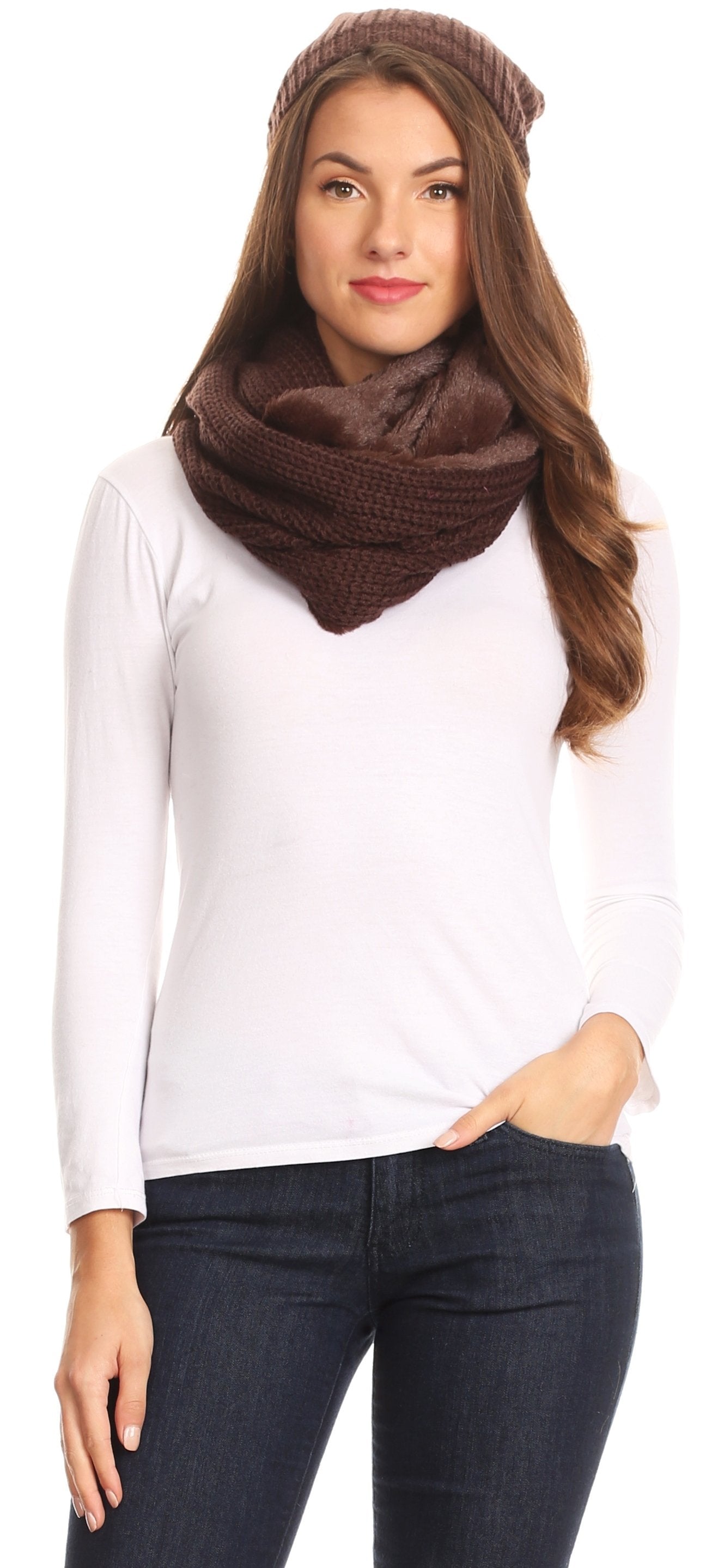 Sakkas Balencia Cool Girl Long Wide Soft Fur Lined Infinity Scarf Beanie Hat Set - Concordia Style Boutique