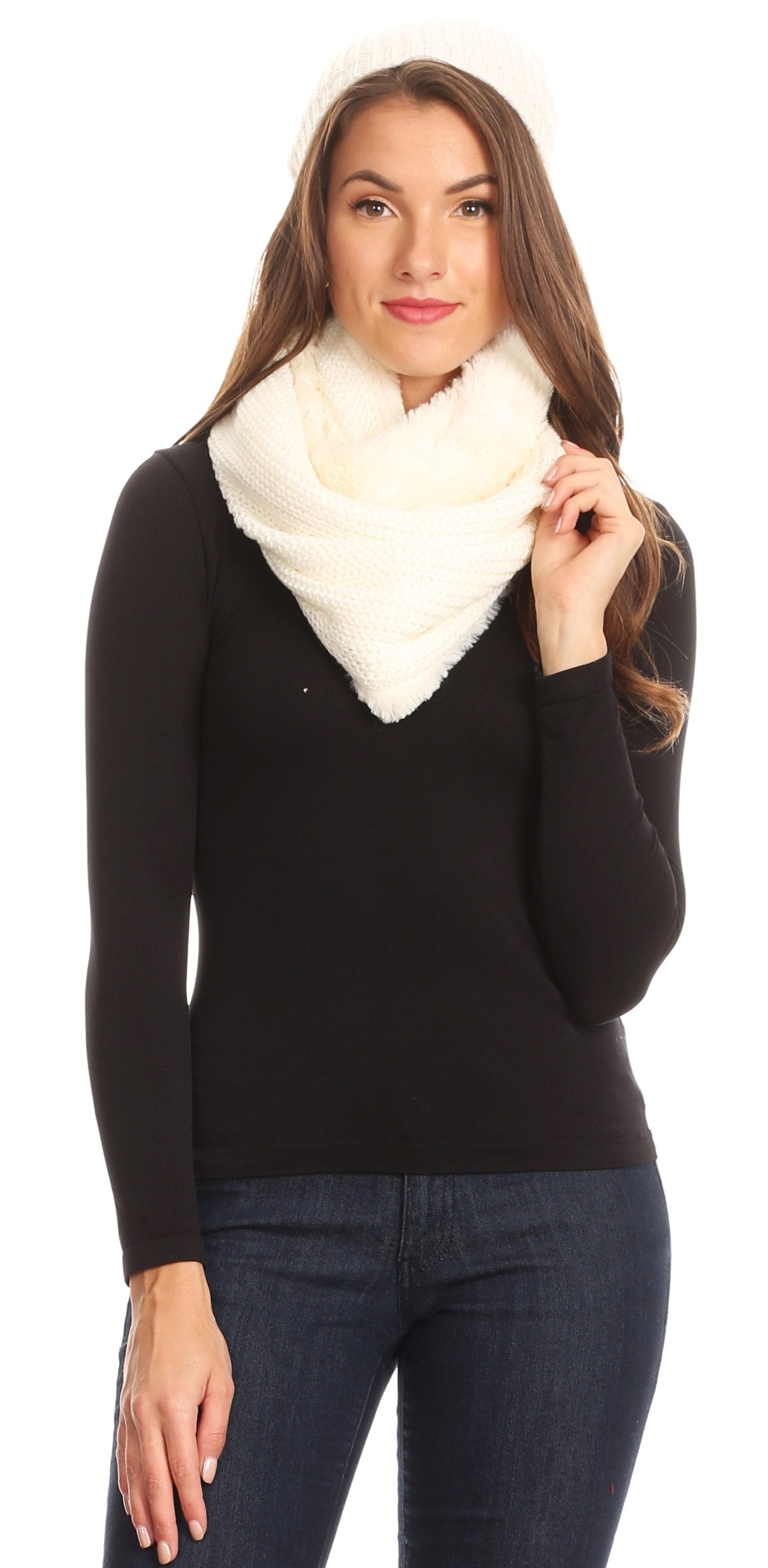 Sakkas Balencia Cool Girl Long Wide Soft Fur Lined Infinity Scarf Beanie Hat Set - Concordia Style Boutique