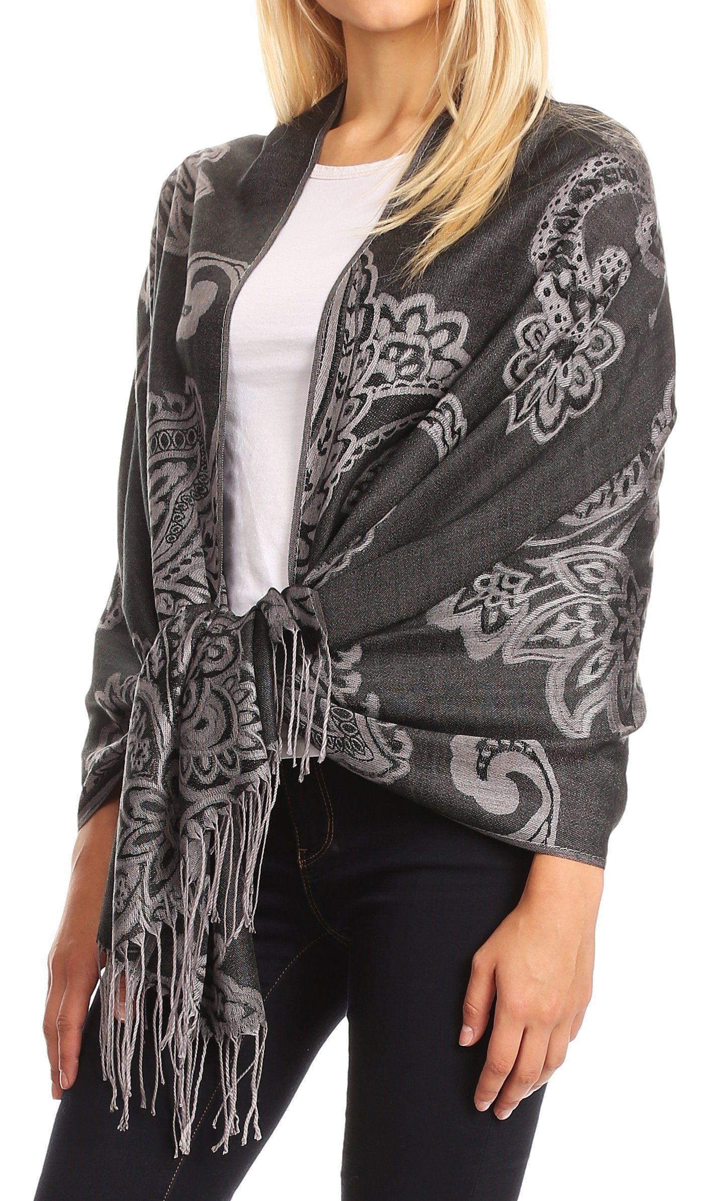 Sakkas Sarah Reversible Silky Soft Brocade Scarf Shawl Stole with Fringe - Concordia Style Boutique