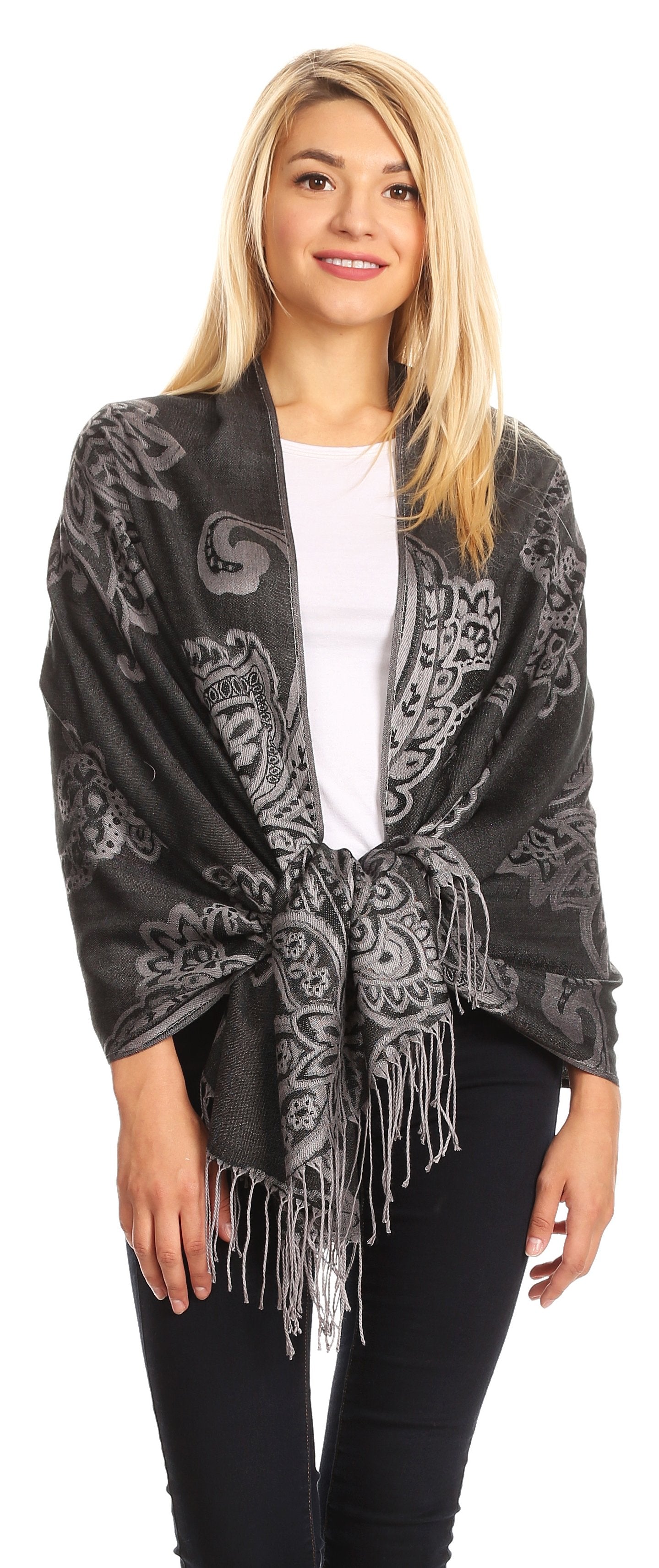 Sakkas Sarah Reversible Silky Soft Brocade Scarf Shawl Stole with Fringe - Concordia Style Boutique