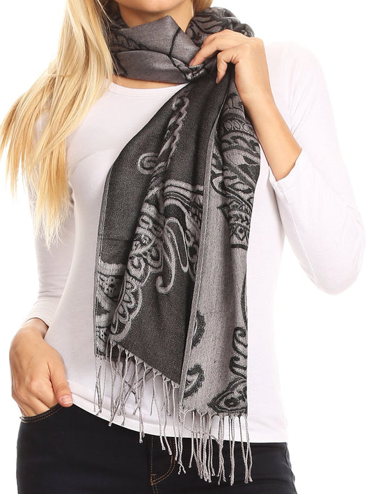 Sakkas Sarah Reversible Silky Soft Brocade Scarf Shawl Stole with Fringe - Concordia Style Boutique