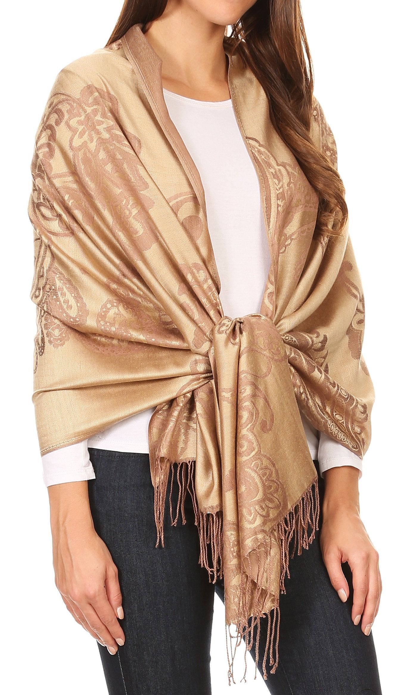 Sakkas Sarah Reversible Silky Soft Brocade Scarf Shawl Stole with Fringe - Concordia Style Boutique
